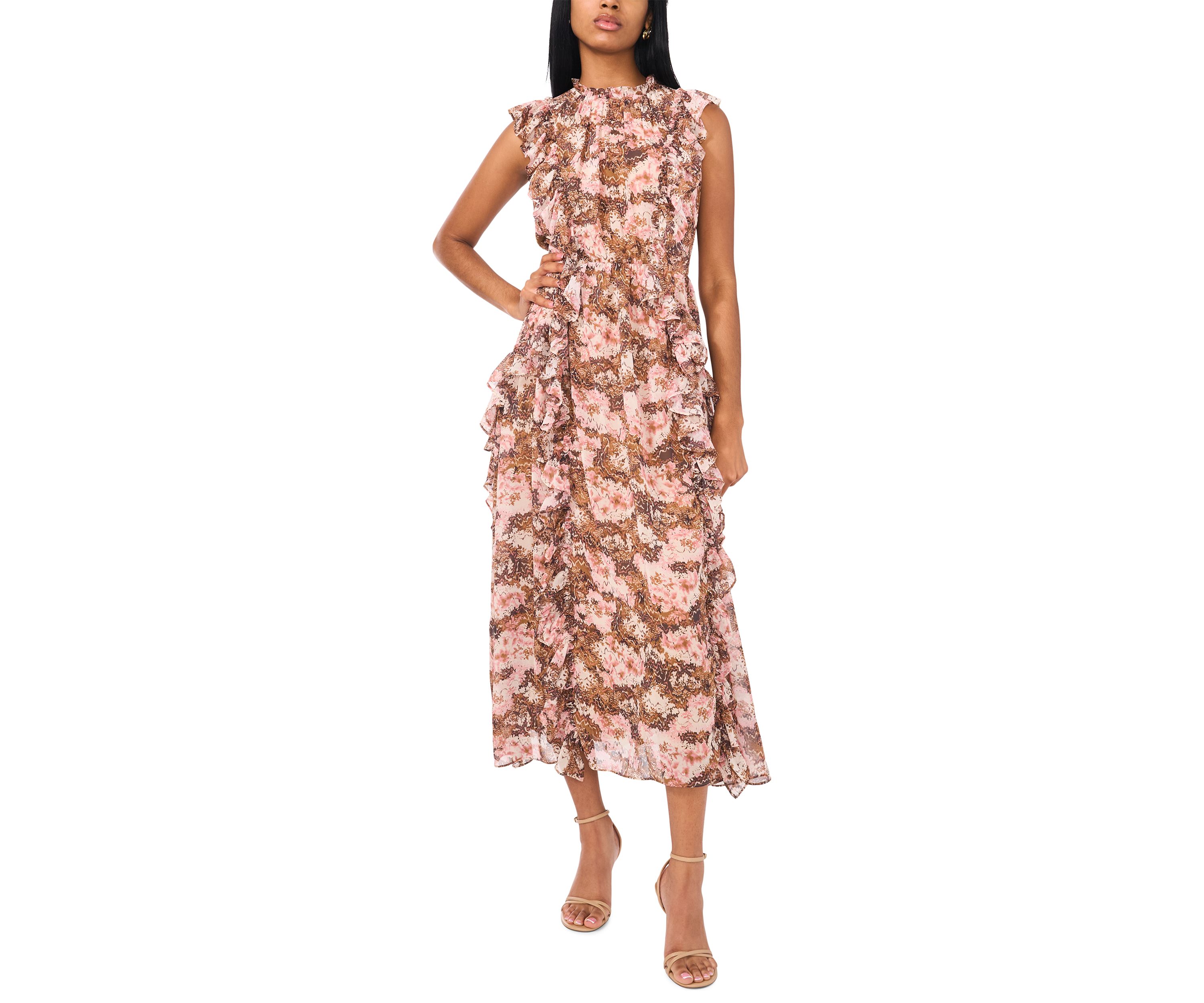 Womens Printed Ruffle Maxi Dress