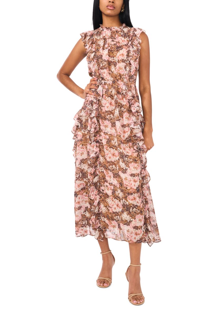 Womens Printed Ruffle Maxi Dress
