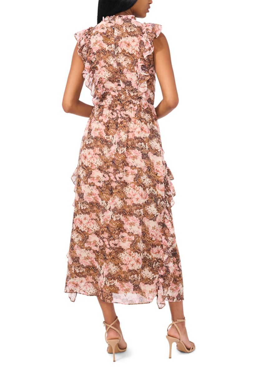 Womens Printed Ruffle Maxi Dress