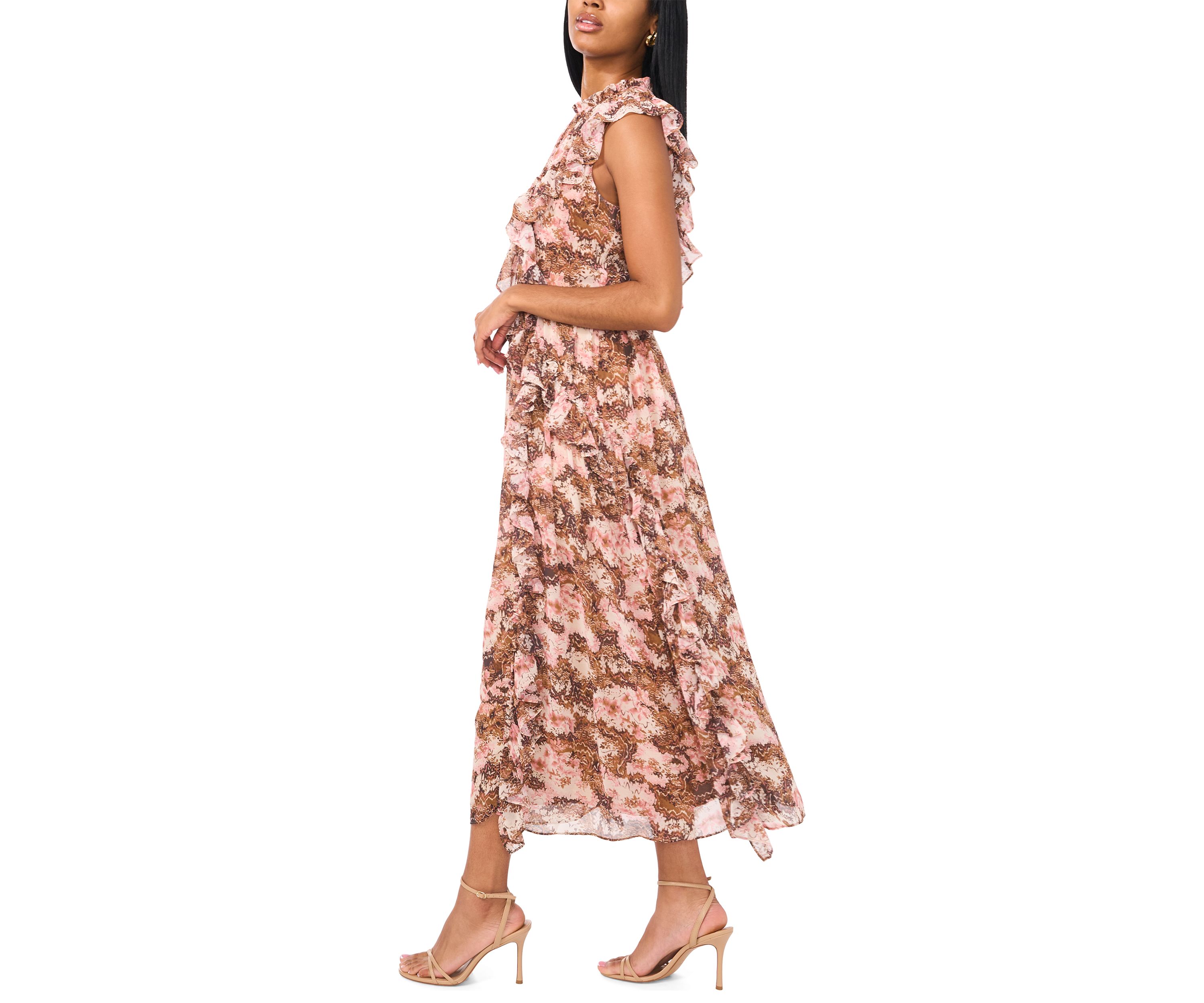 Womens Printed Ruffle Maxi Dress