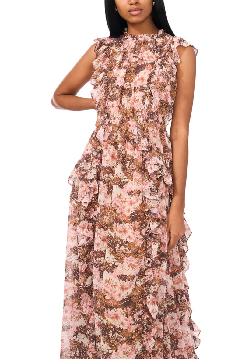 Womens Printed Ruffle Maxi Dress