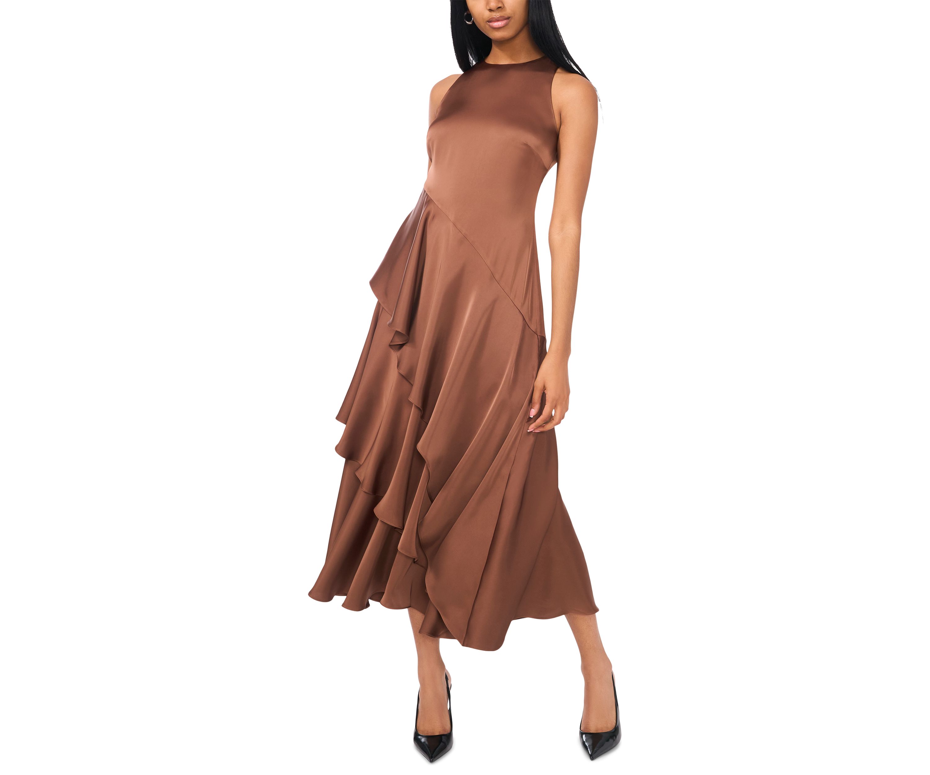 Womens Asymmetrical Ruffle Midi Dress