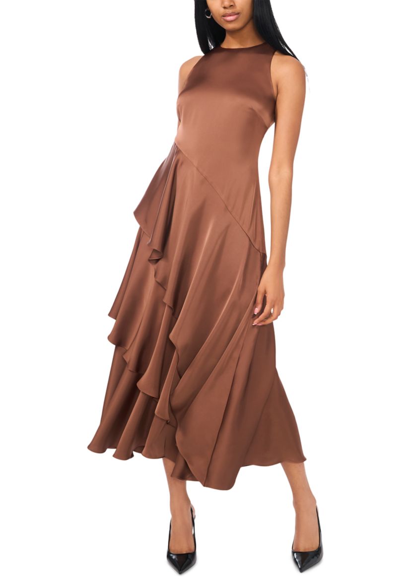Womens Asymmetrical Ruffle Midi Dress