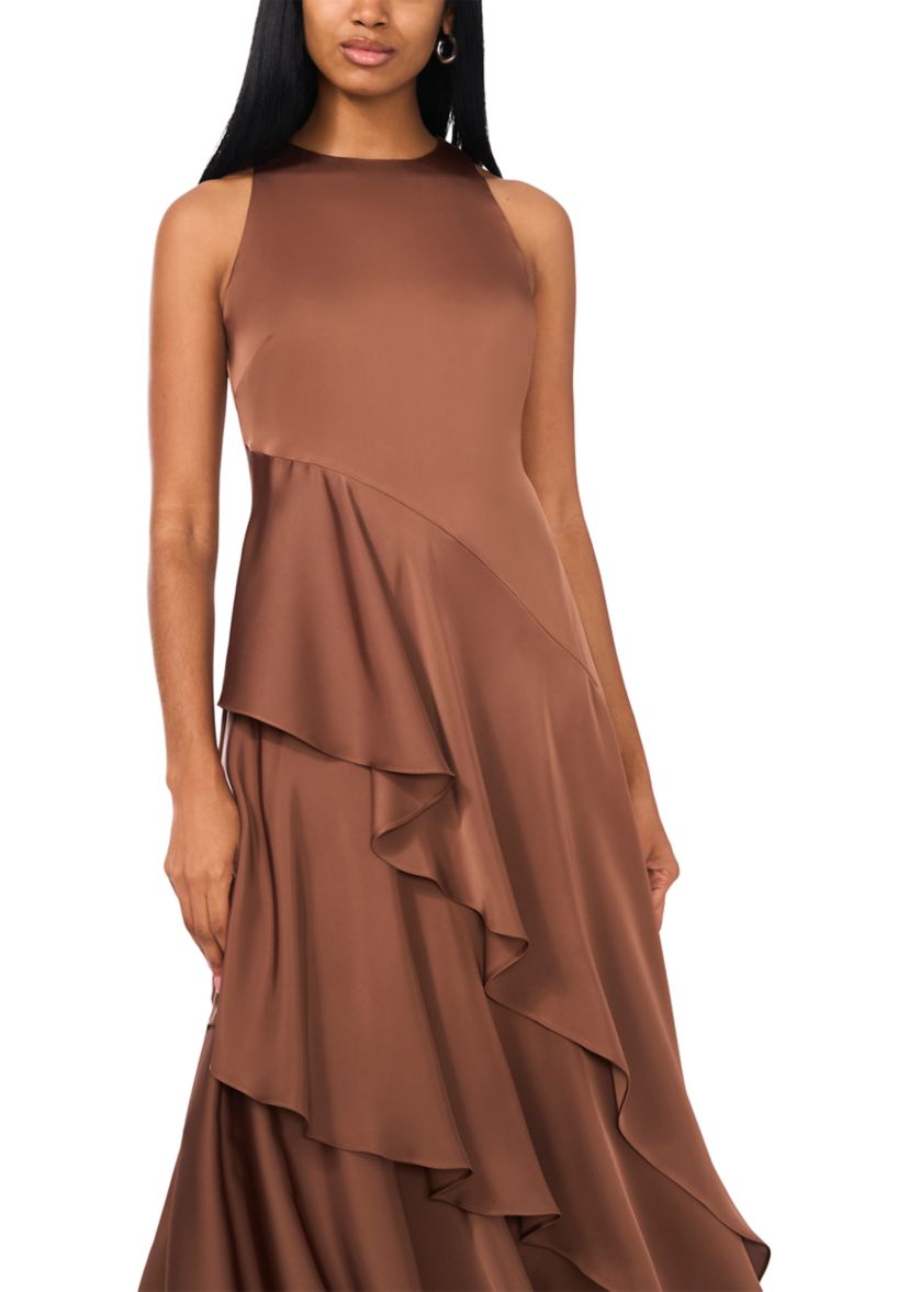 Womens Asymmetrical Ruffle Midi Dress