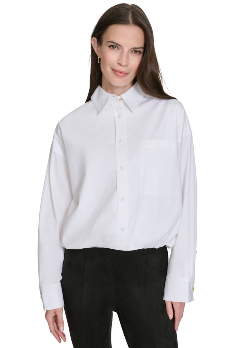 Womens Elastic Waist Button Up Top
