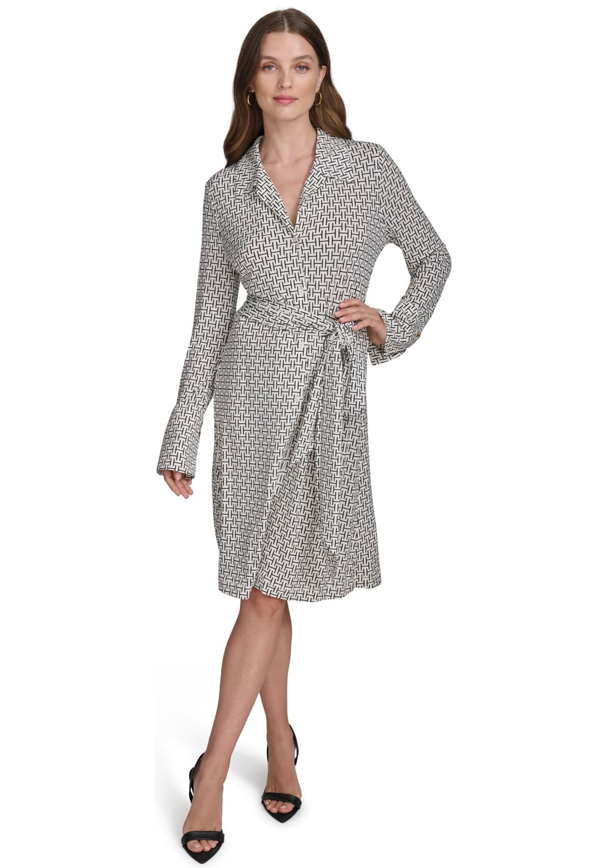 Womens Tie Waist Collared Shirt Dress