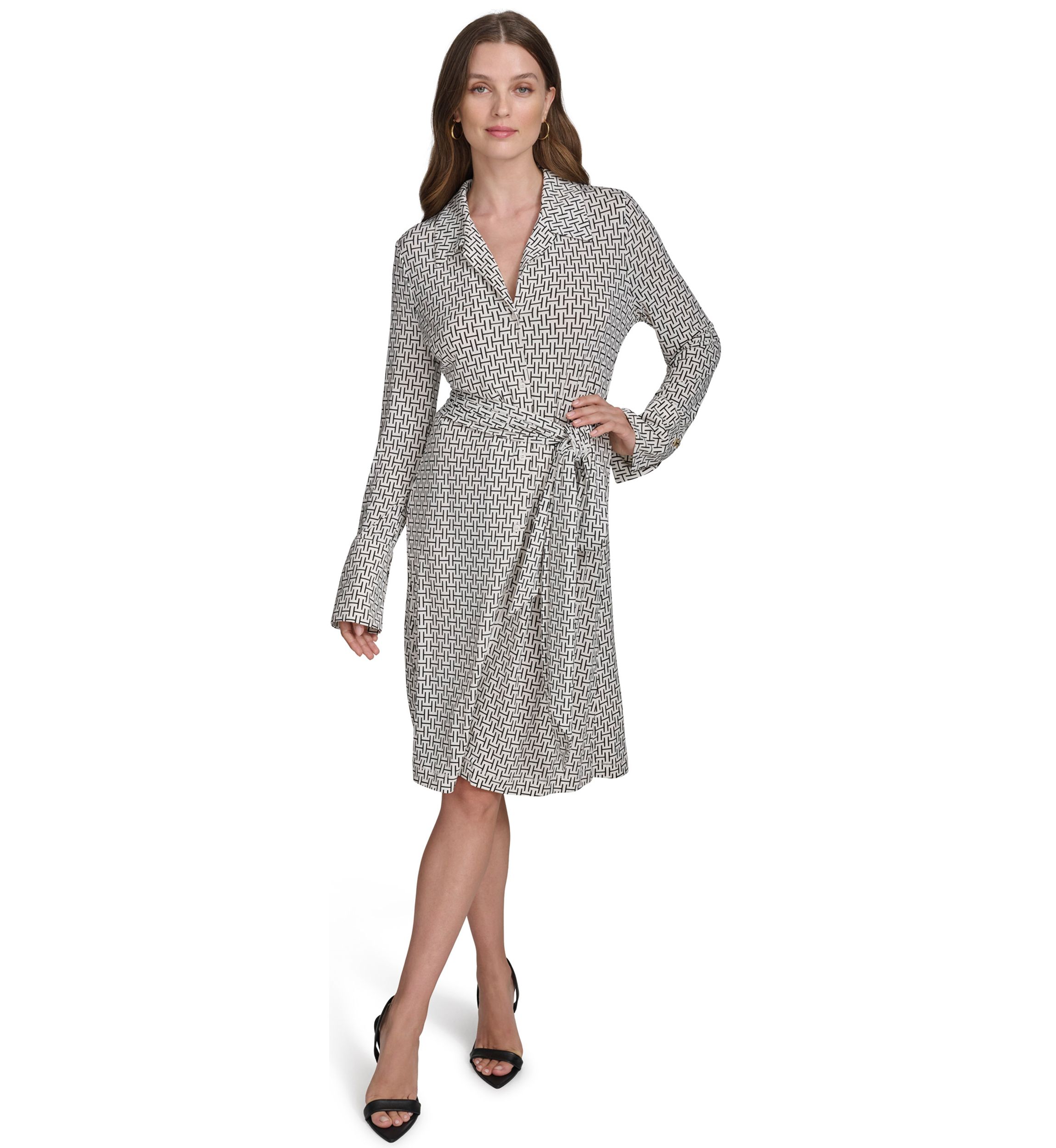Womens Tie Waist Collared Shirt Dress