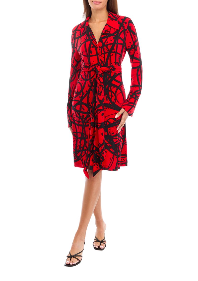 Womens Tie Waist Collared Shirt Dress