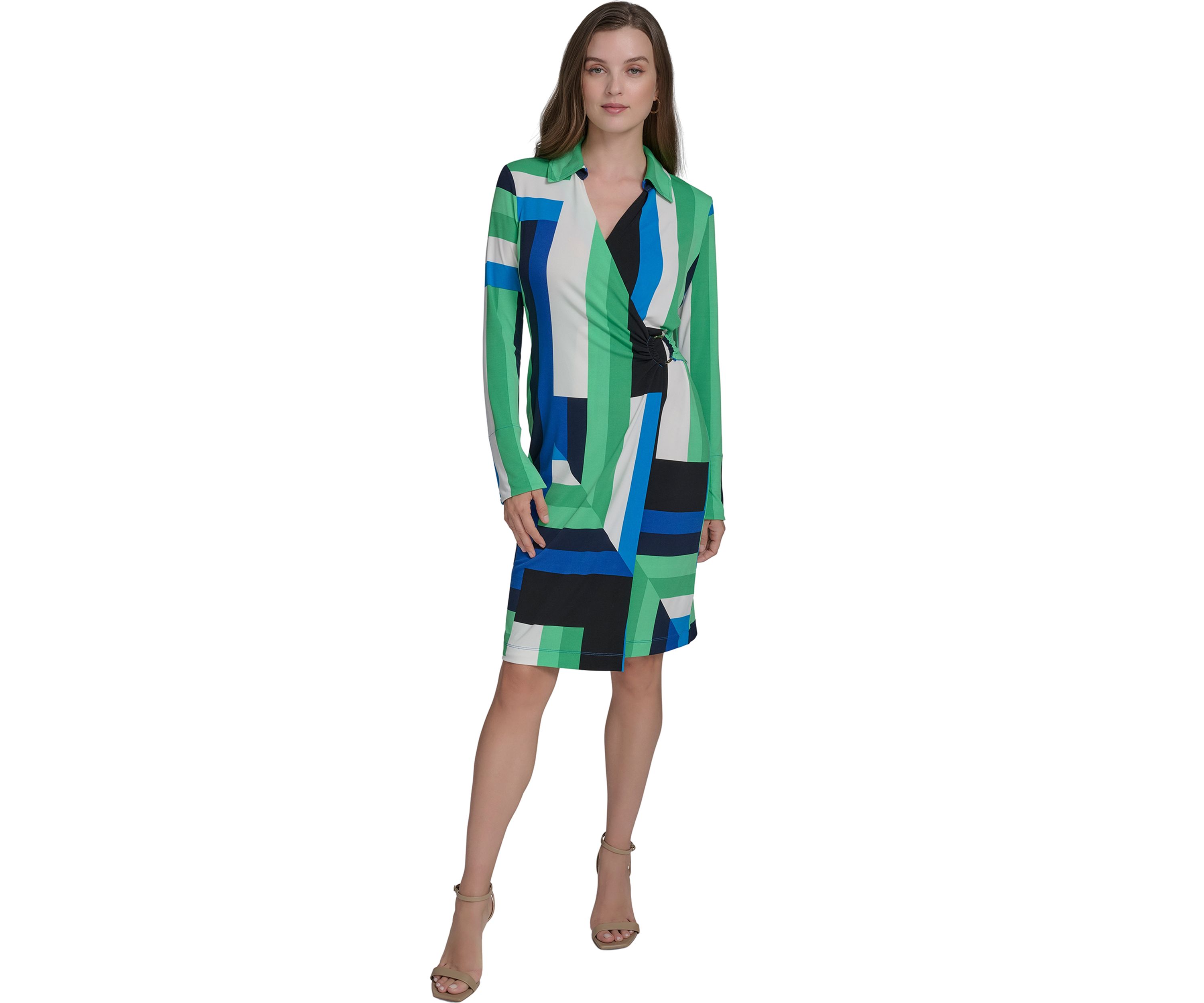 Womens Long Sleeve Hardware Geometric Print Midi Dress