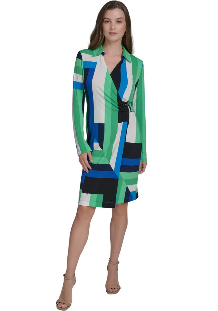 Womens Long Sleeve Hardware Geometric Print Midi Dress