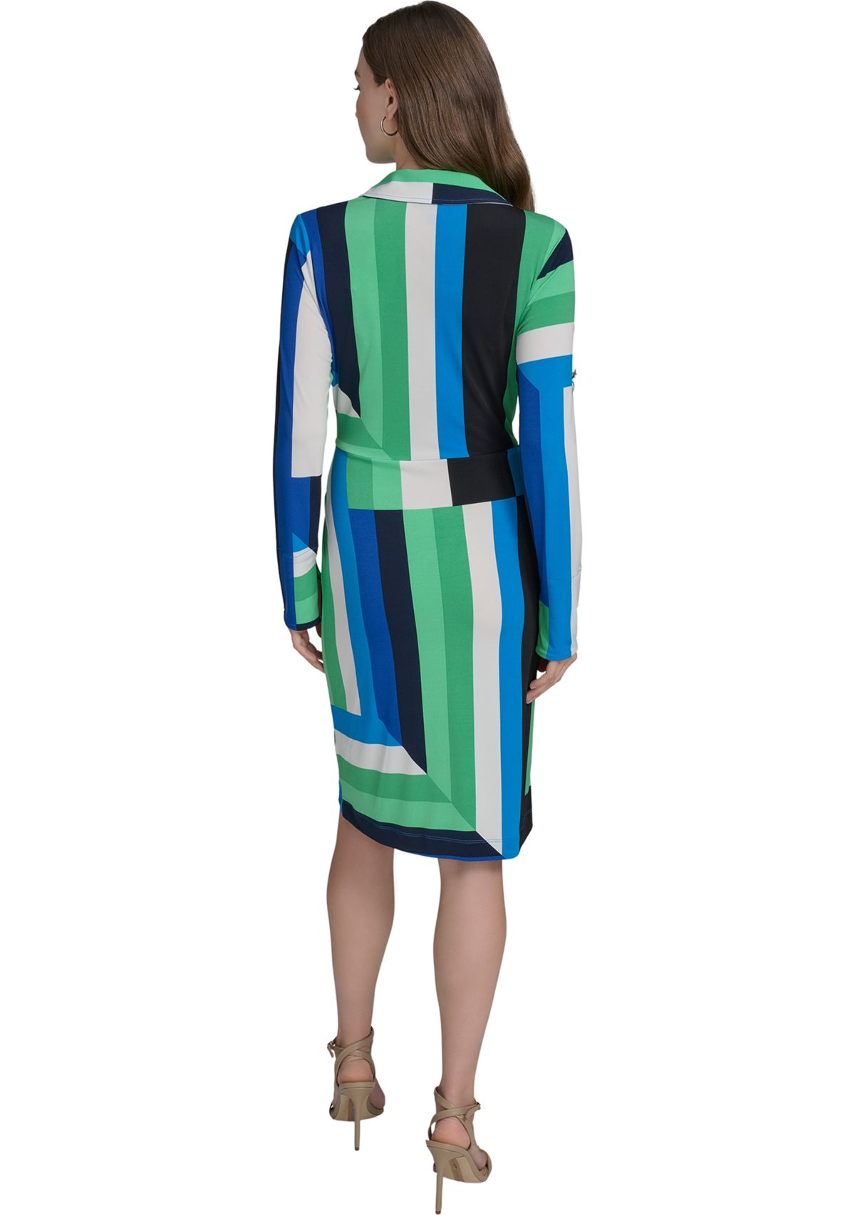 Womens Long Sleeve Hardware Geometric Print Midi Dress