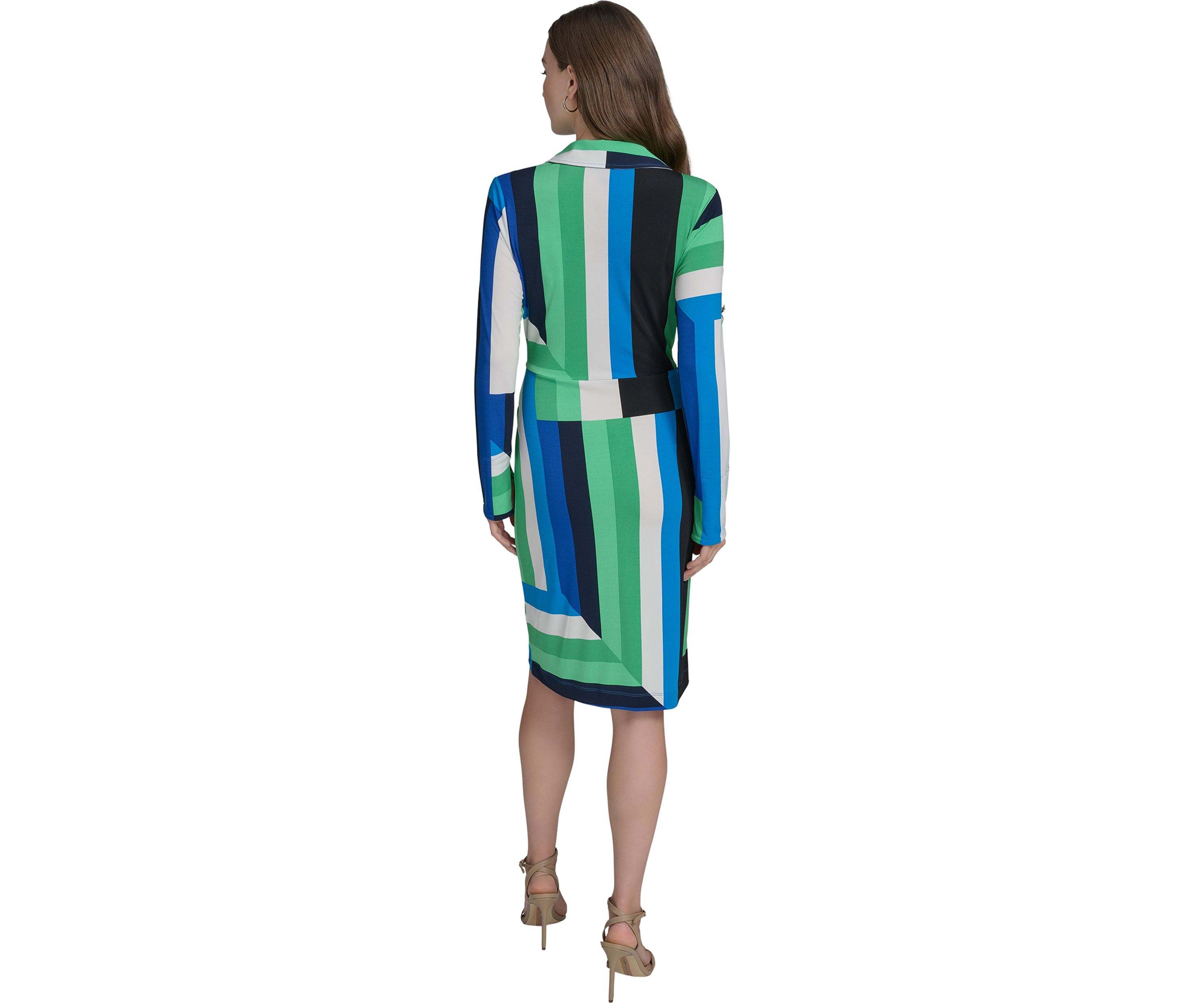 Womens Long Sleeve Hardware Geometric Print Midi Dress