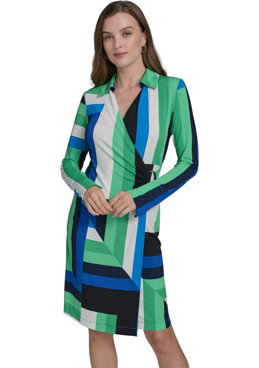 Womens Long Sleeve Hardware Geometric Print Midi Dress