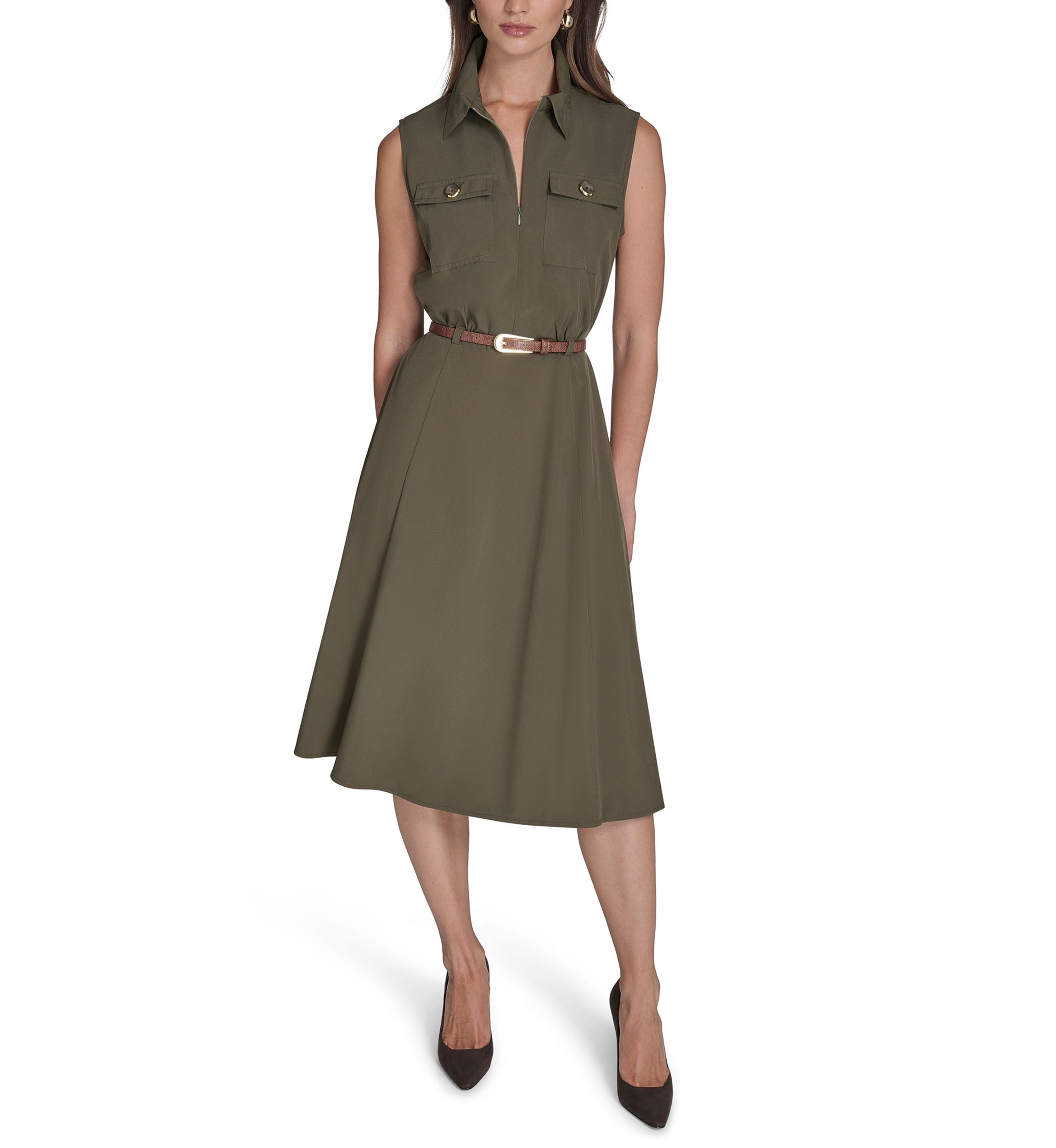 Womens Sleeveless Utility Belted Shirtdress