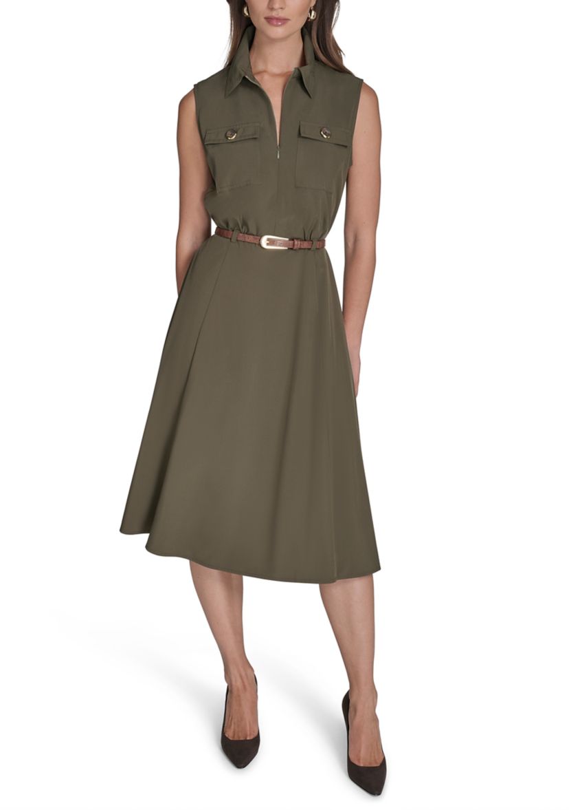 Womens Sleeveless Utility Belted Shirtdress