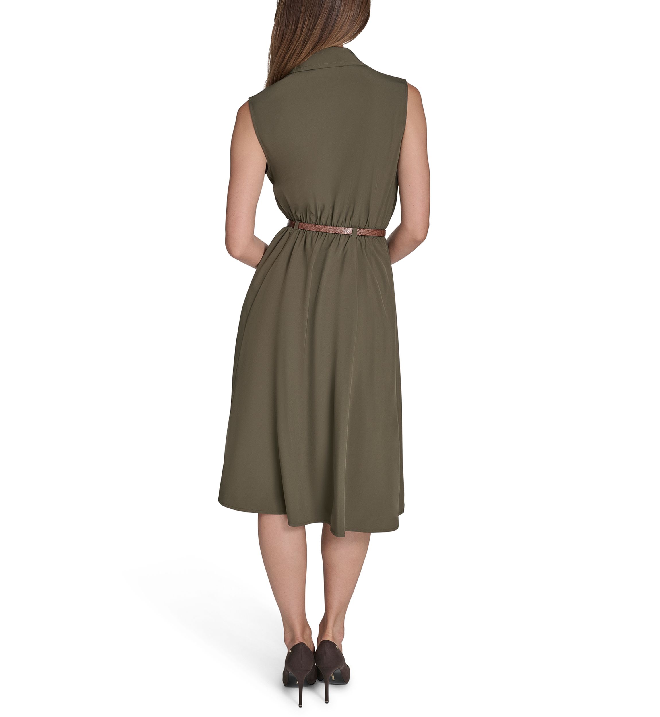 Womens Sleeveless Utility Belted Shirtdress