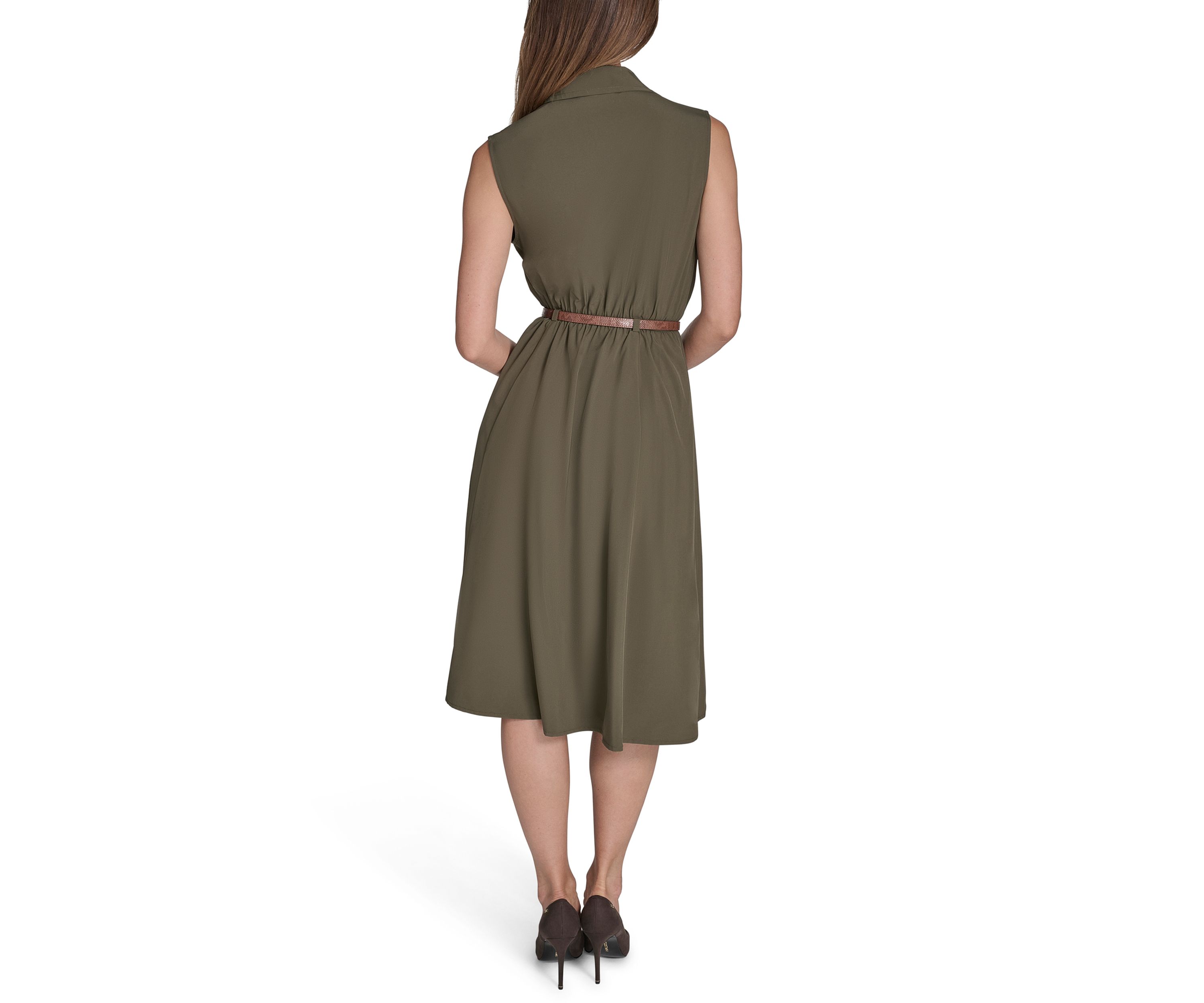 Womens Sleeveless Utility Belted Shirtdress