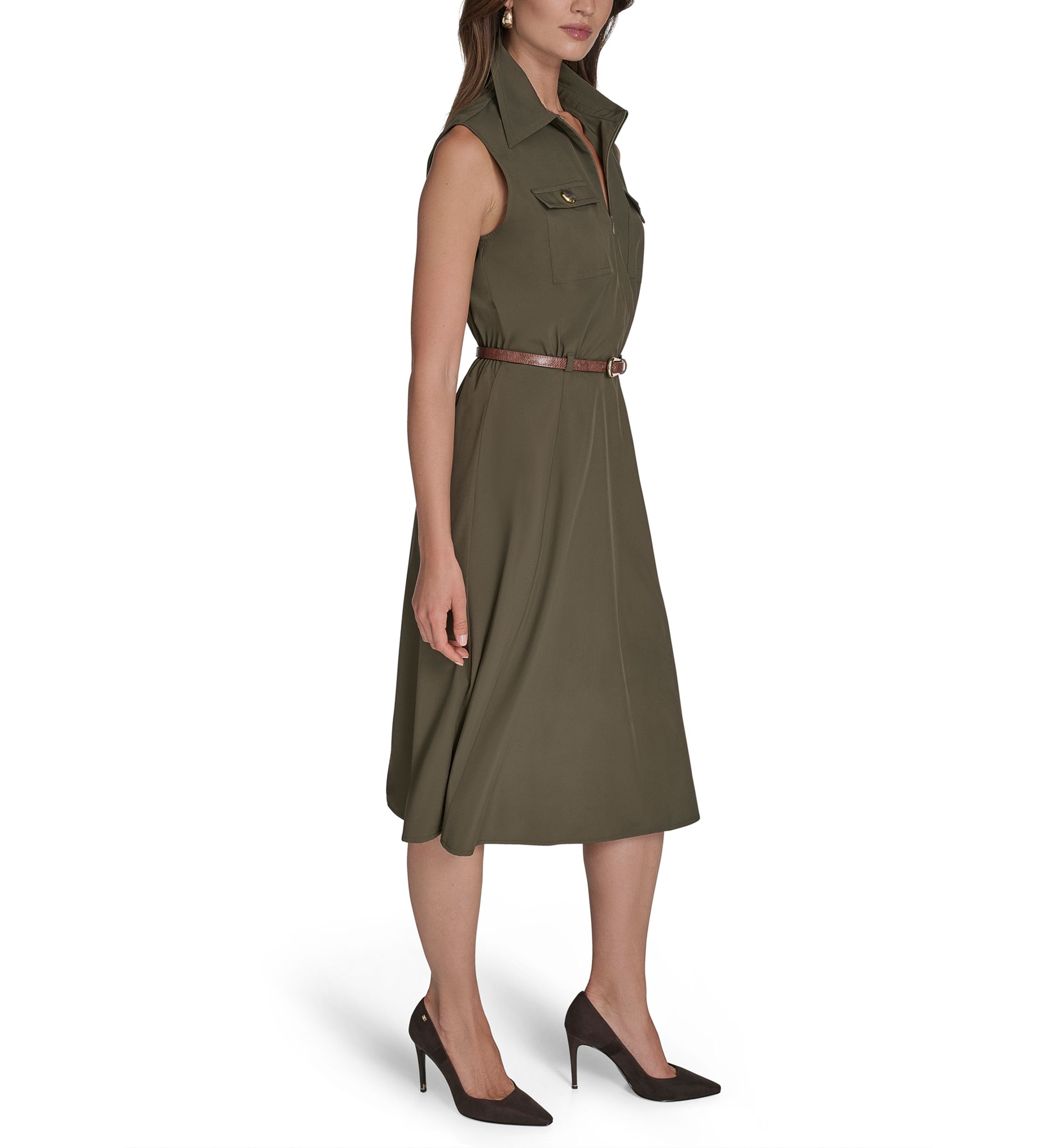 Womens Sleeveless Utility Belted Shirtdress
