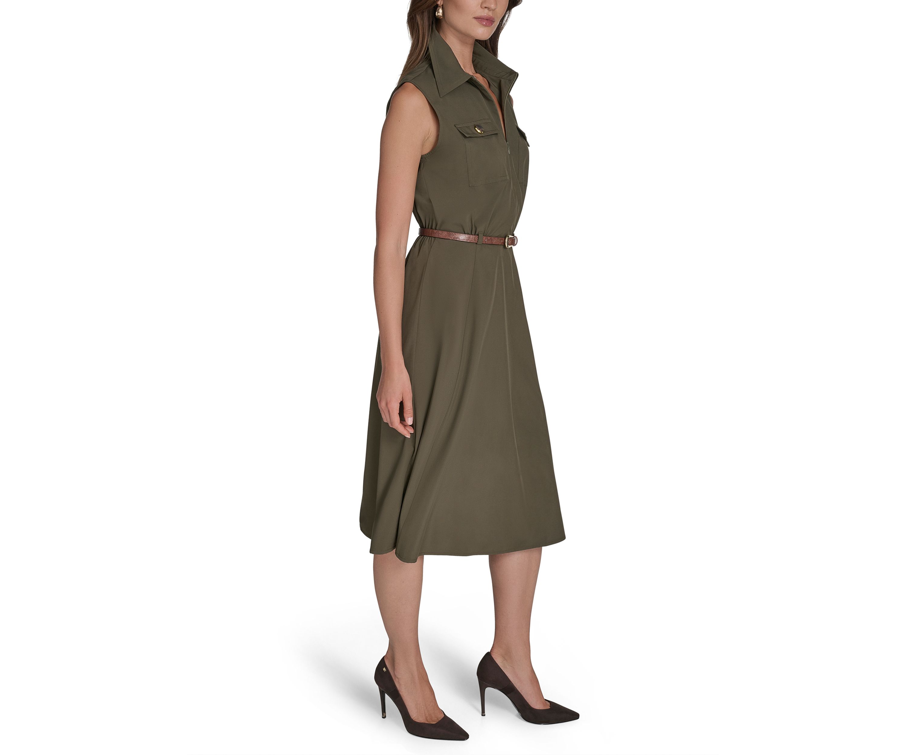 Womens Sleeveless Utility Belted Shirtdress