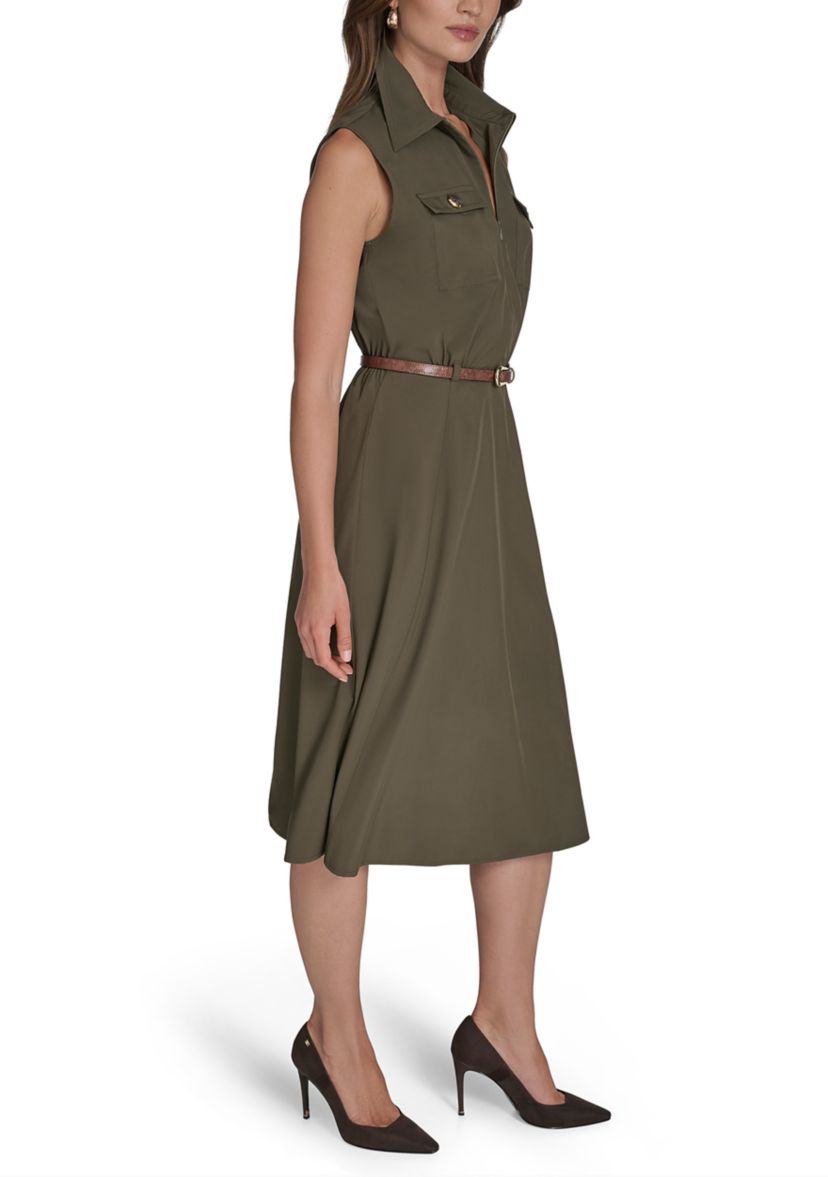 Womens Sleeveless Utility Belted Shirtdress