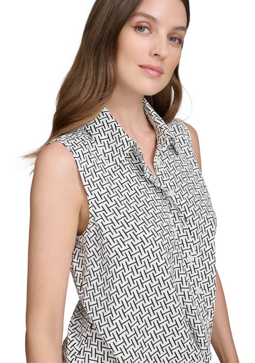 Womens Sleeveless Twist Front Button Up Top
