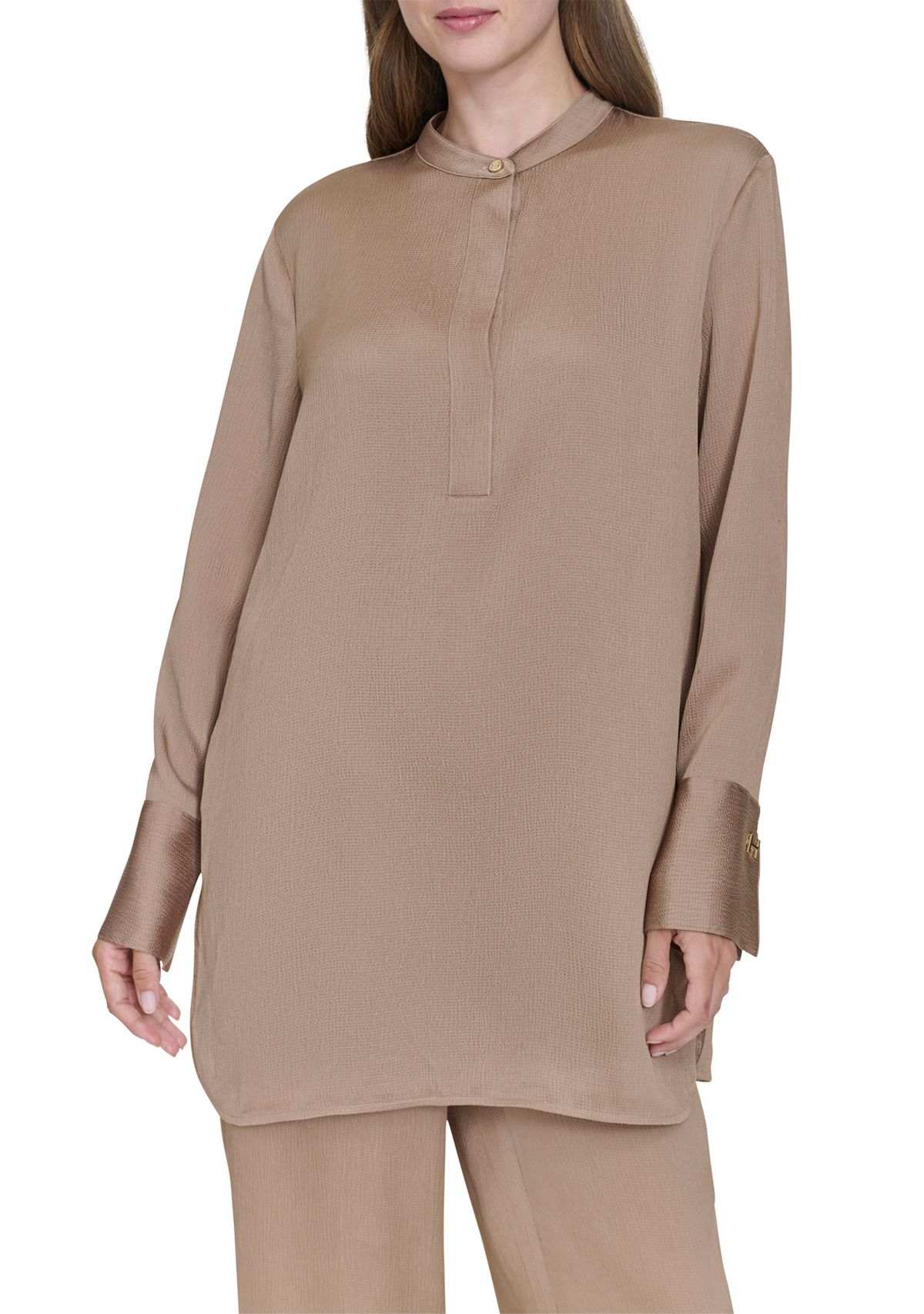Womens Long Sleeve Covered Placket Textured Tunic Top
