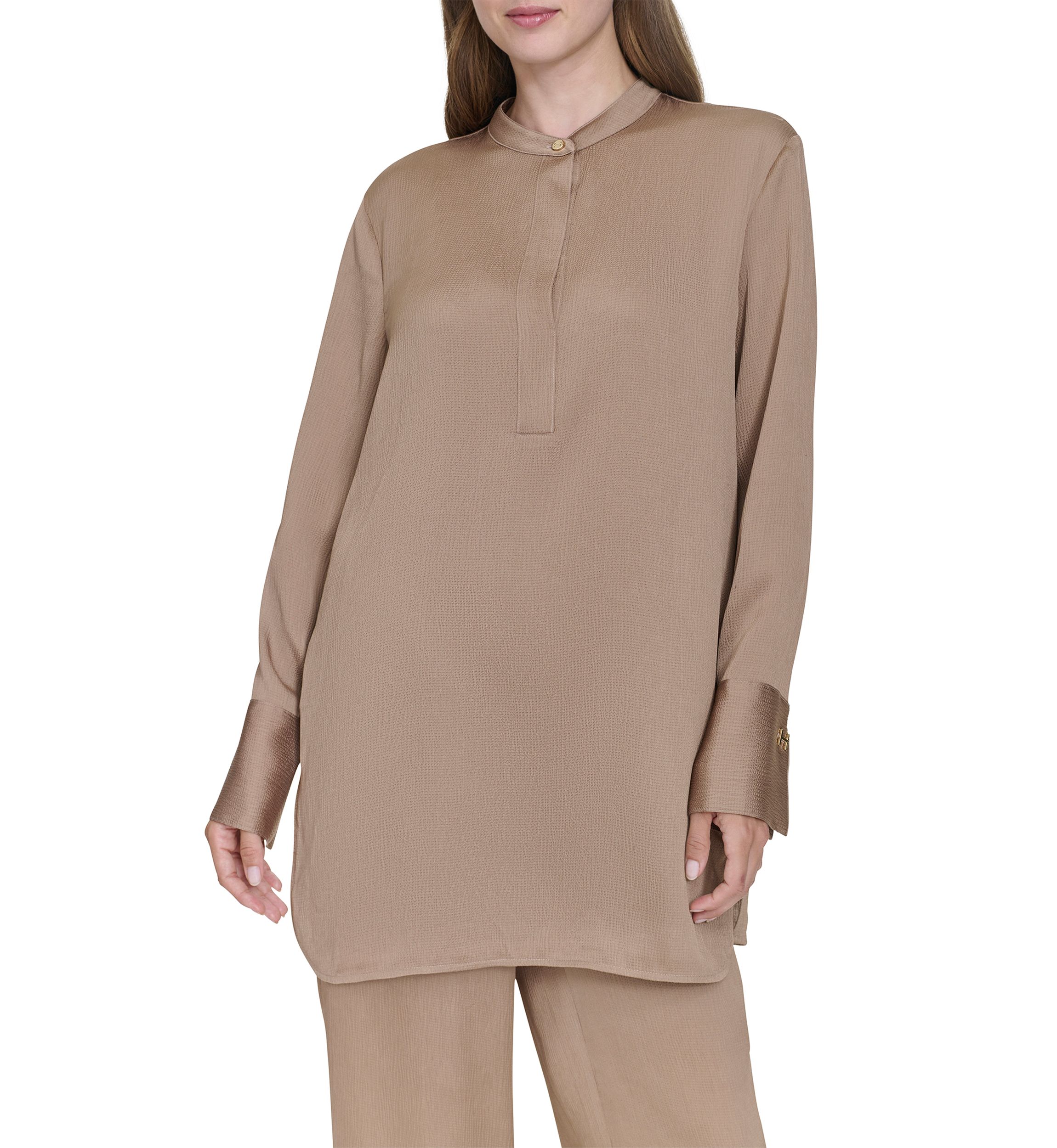 Womens Long Sleeve Covered Placket Textured Tunic Top
