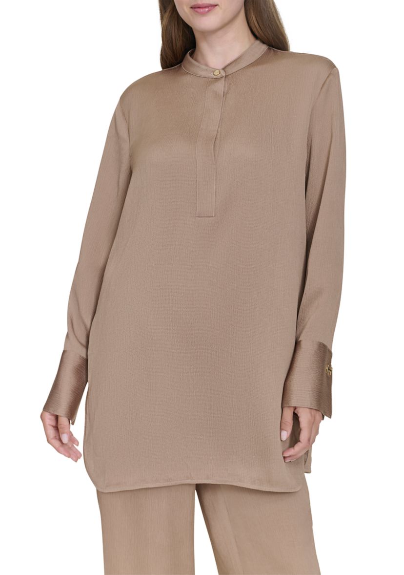 Womens Long Sleeve Covered Placket Textured Tunic Top