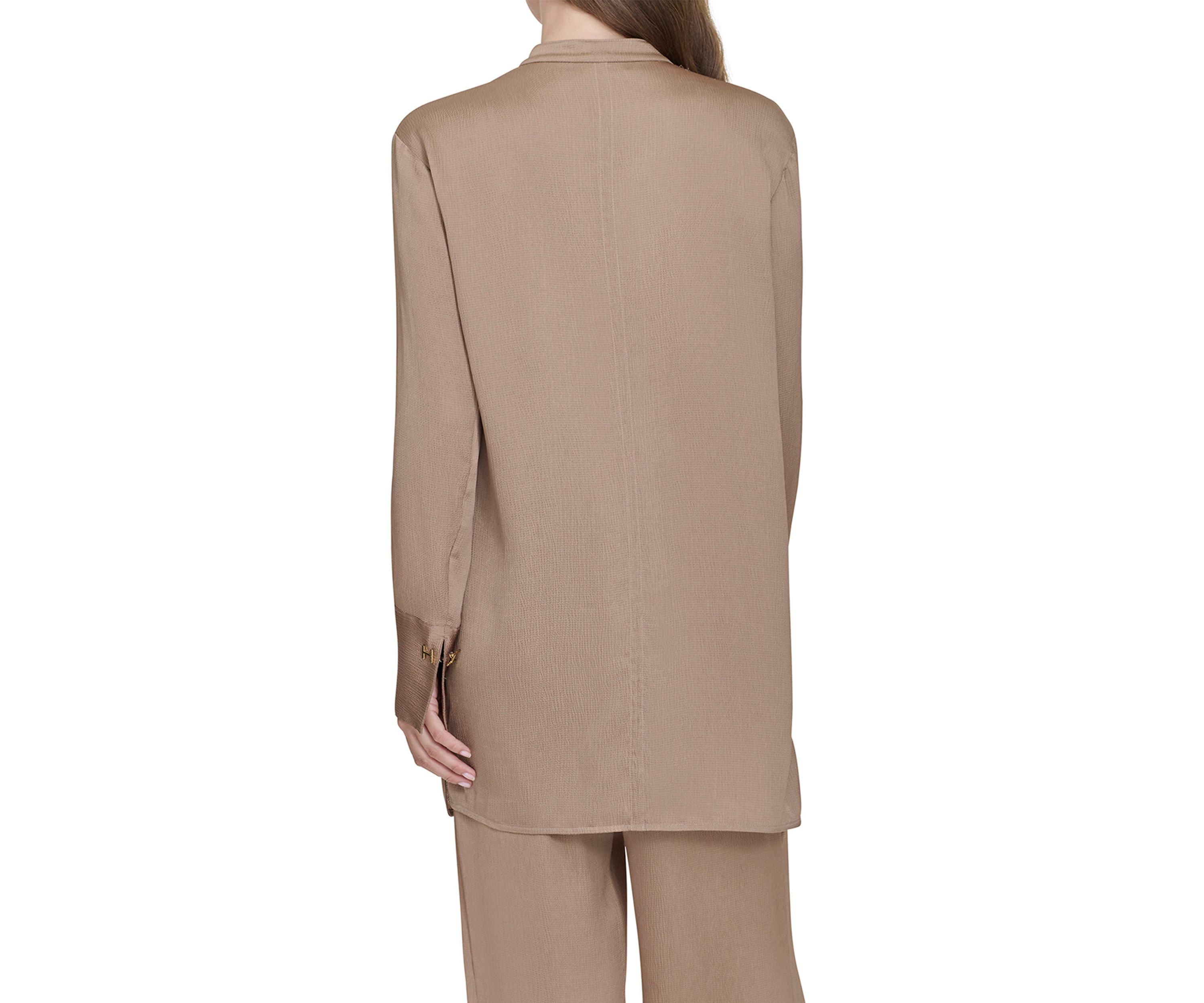 Womens Long Sleeve Covered Placket Textured Tunic Top