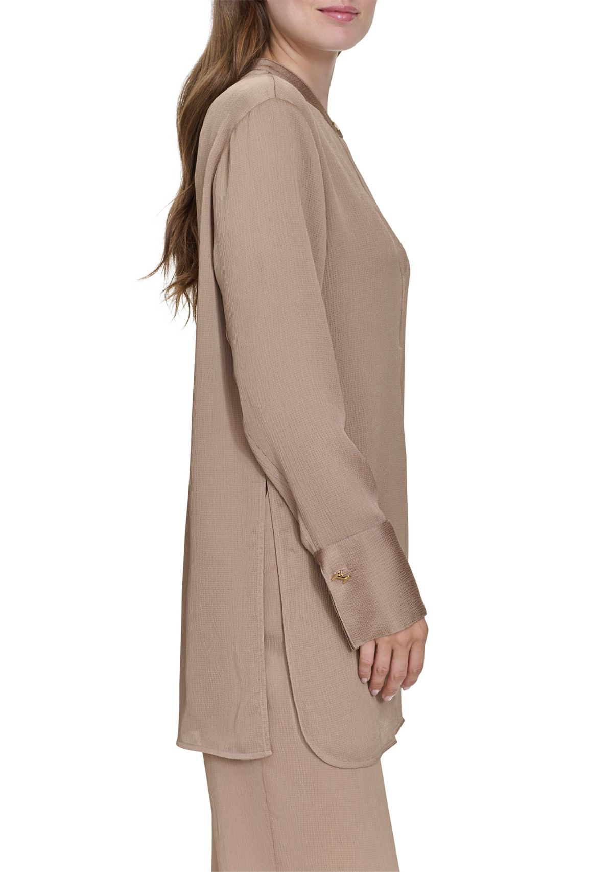 Womens Long Sleeve Covered Placket Textured Tunic Top