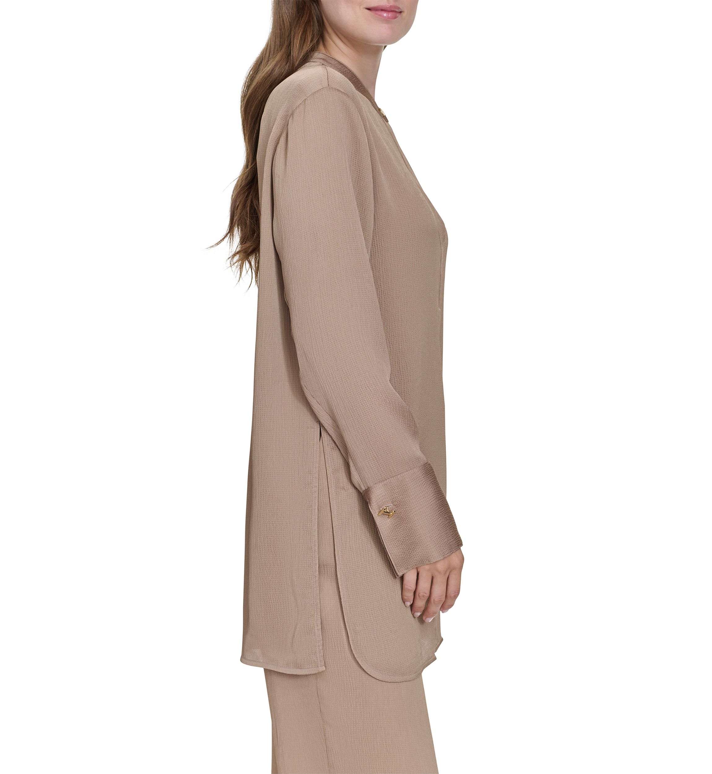 Womens Long Sleeve Covered Placket Textured Tunic Top