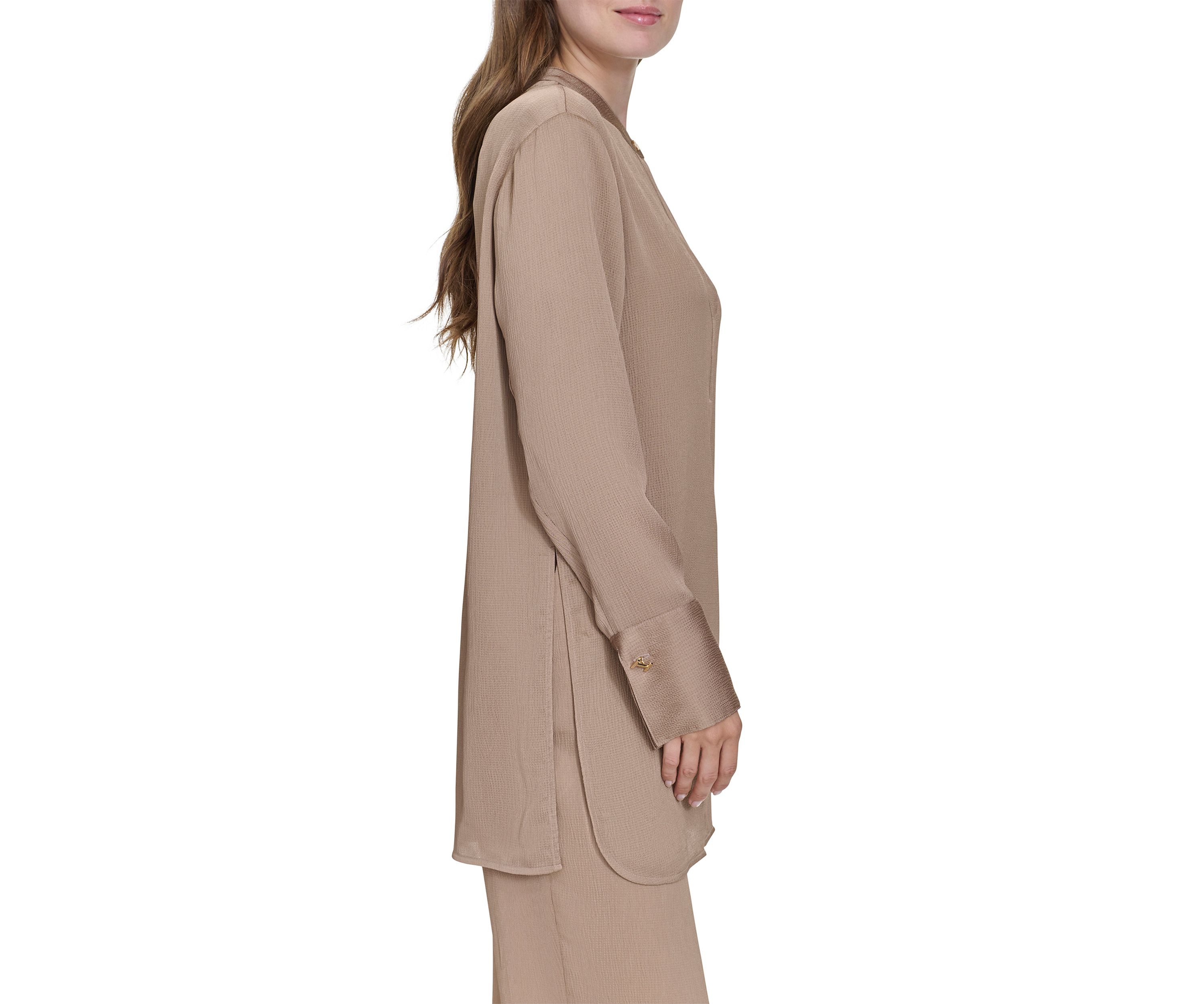 Womens Long Sleeve Covered Placket Textured Tunic Top