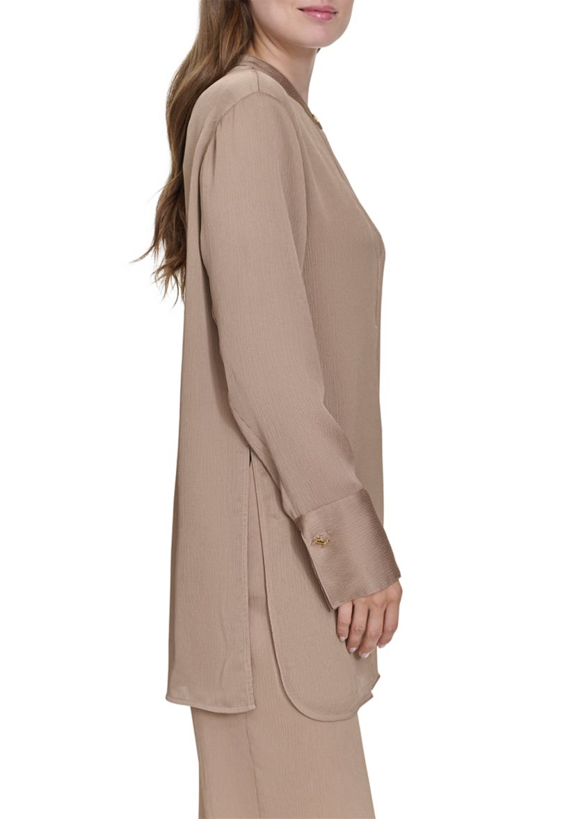 Womens Long Sleeve Covered Placket Textured Tunic Top