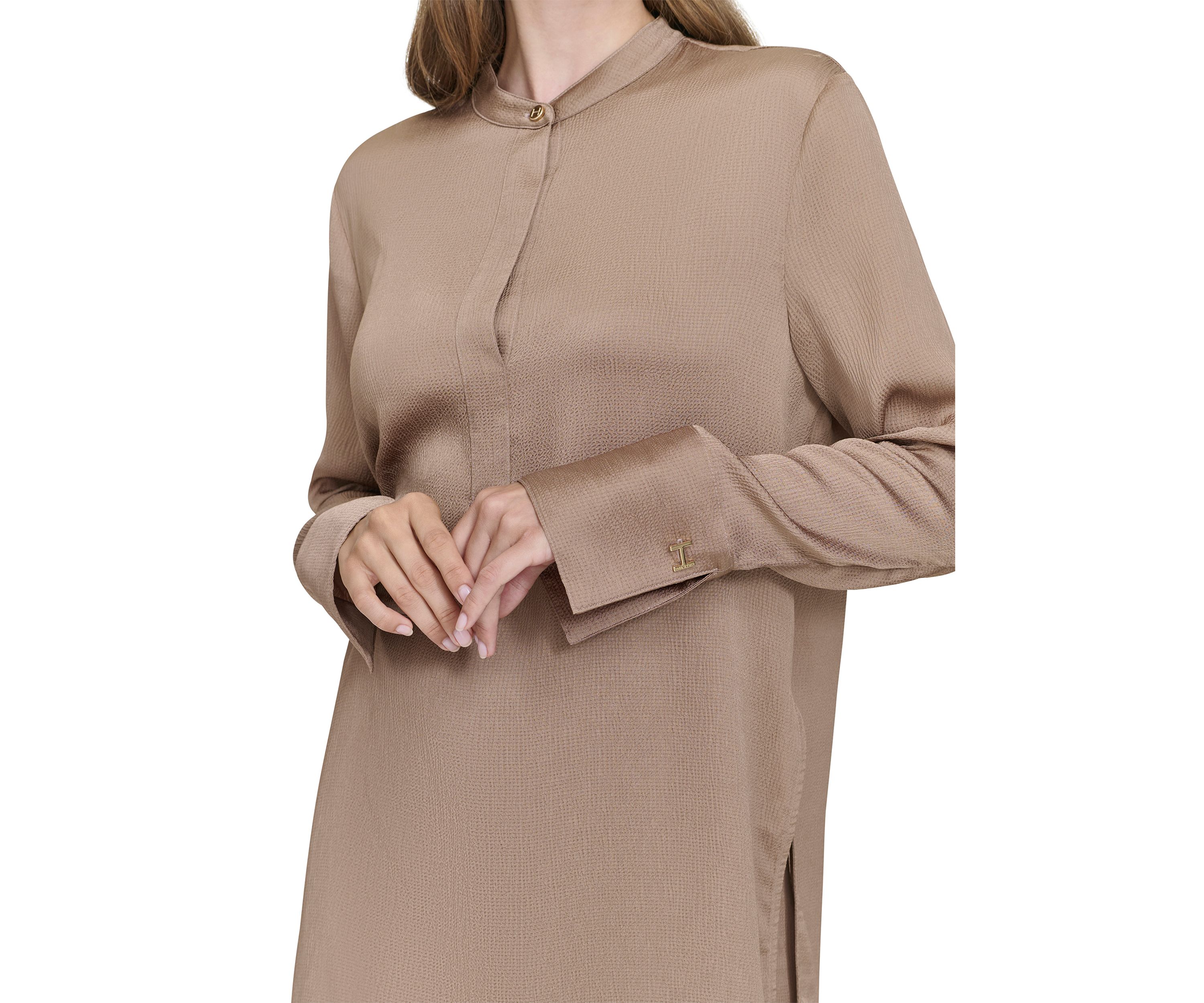 Womens Long Sleeve Covered Placket Textured Tunic Top