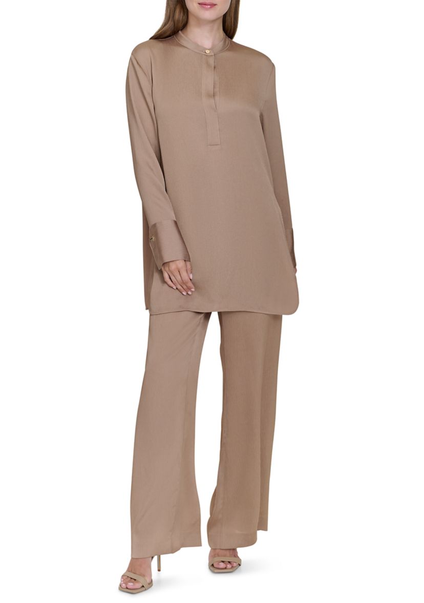 Womens Long Sleeve Covered Placket Textured Tunic Top