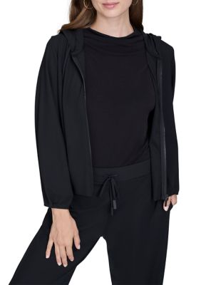 Halston Women's Long Sleeve Zip Front Scuba Hoodie, Black, Small