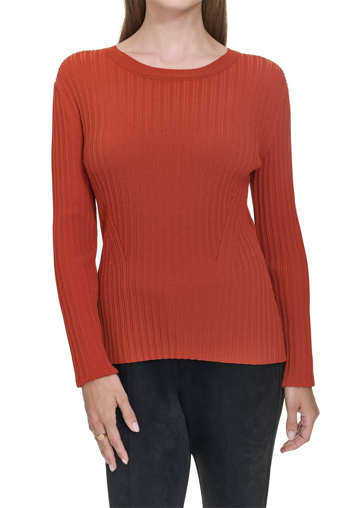 Womens Long Sleeve Crew Neck Ribbed Sweater 