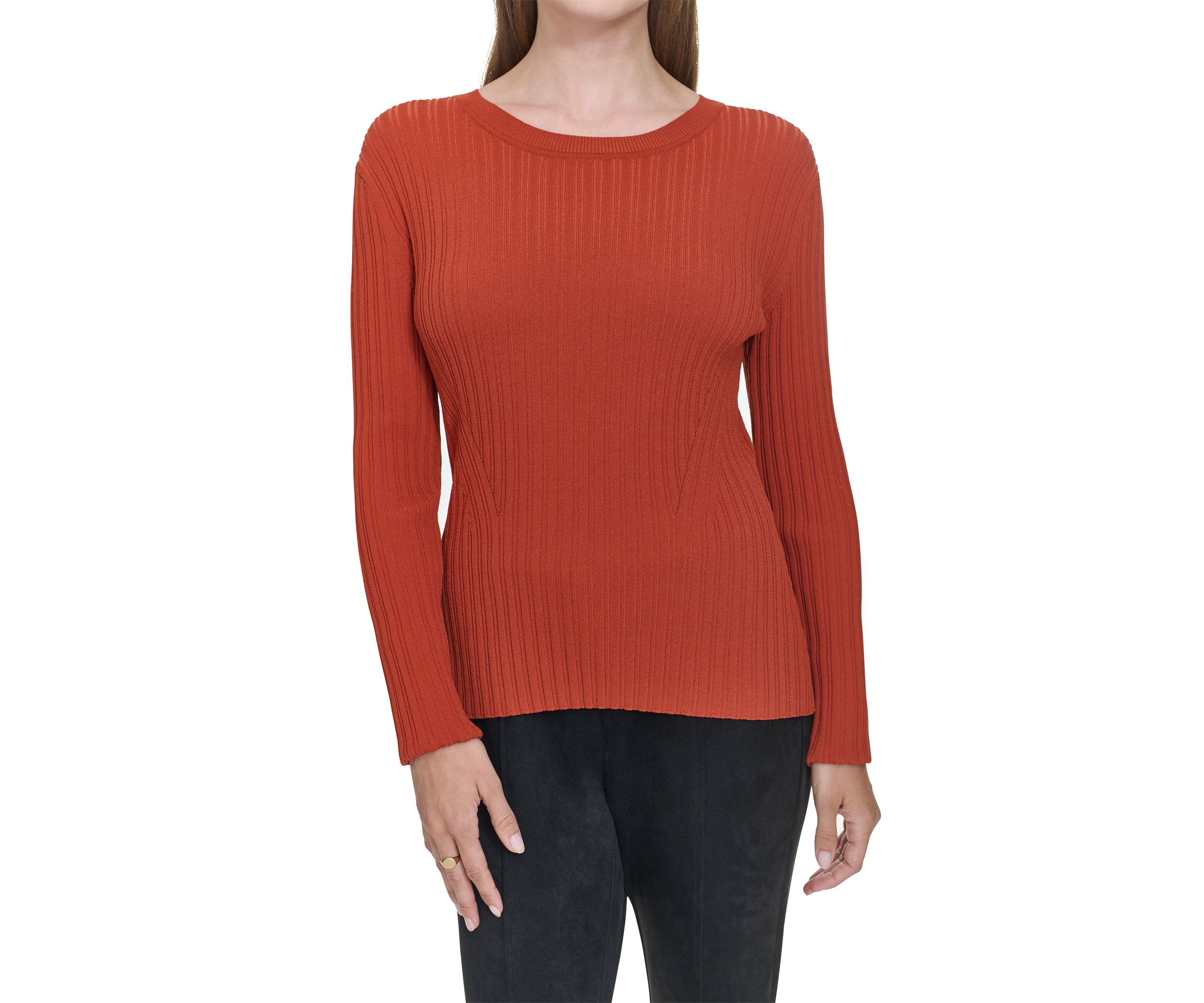 Womens Long Sleeve Crew Neck Ribbed Sweater 