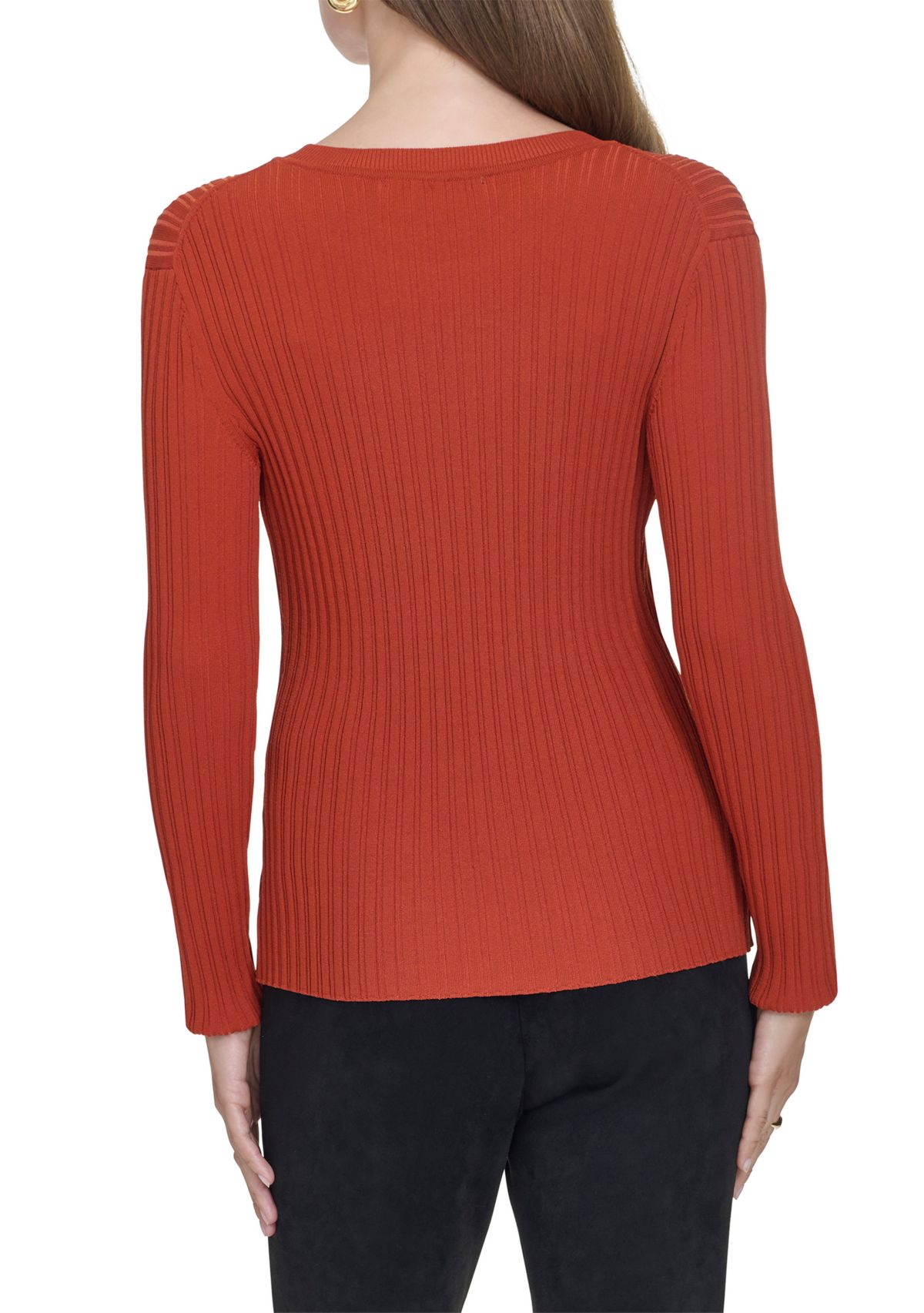 Womens Long Sleeve Crew Neck Ribbed Sweater 