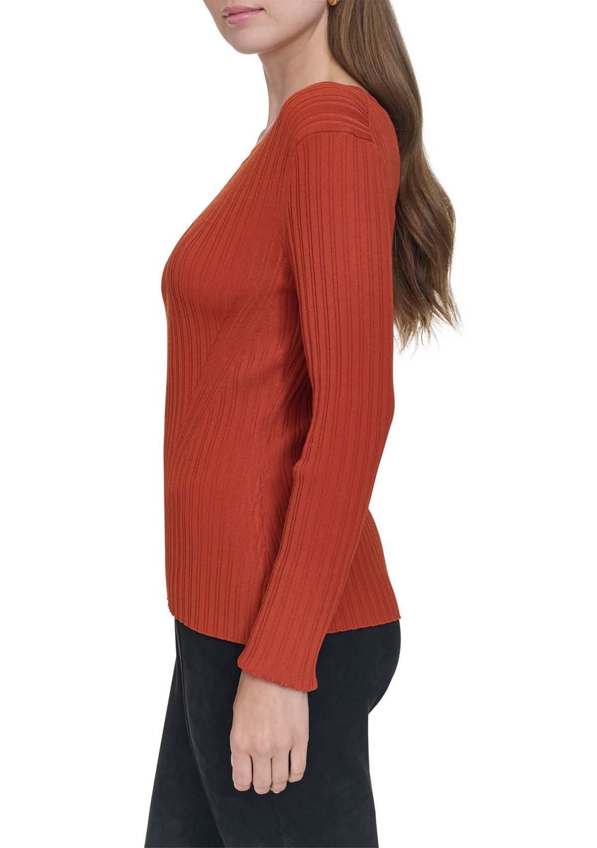 Womens Long Sleeve Crew Neck Ribbed Sweater 