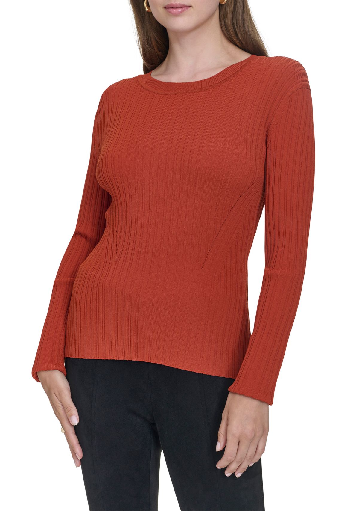 Womens Long Sleeve Crew Neck Ribbed Sweater 