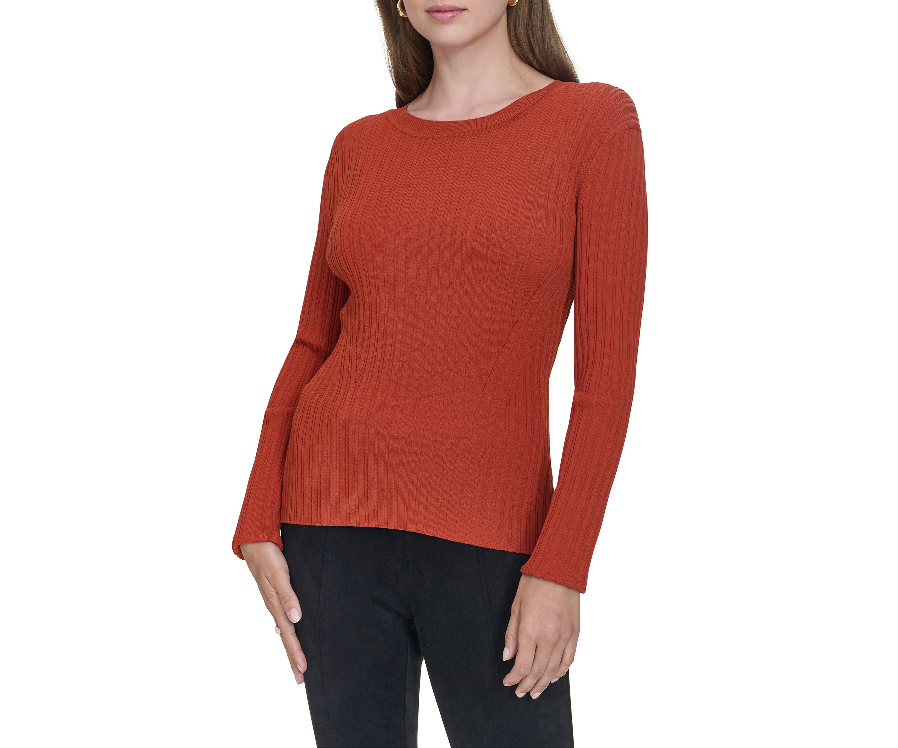 Womens Long Sleeve Crew Neck Ribbed Sweater 