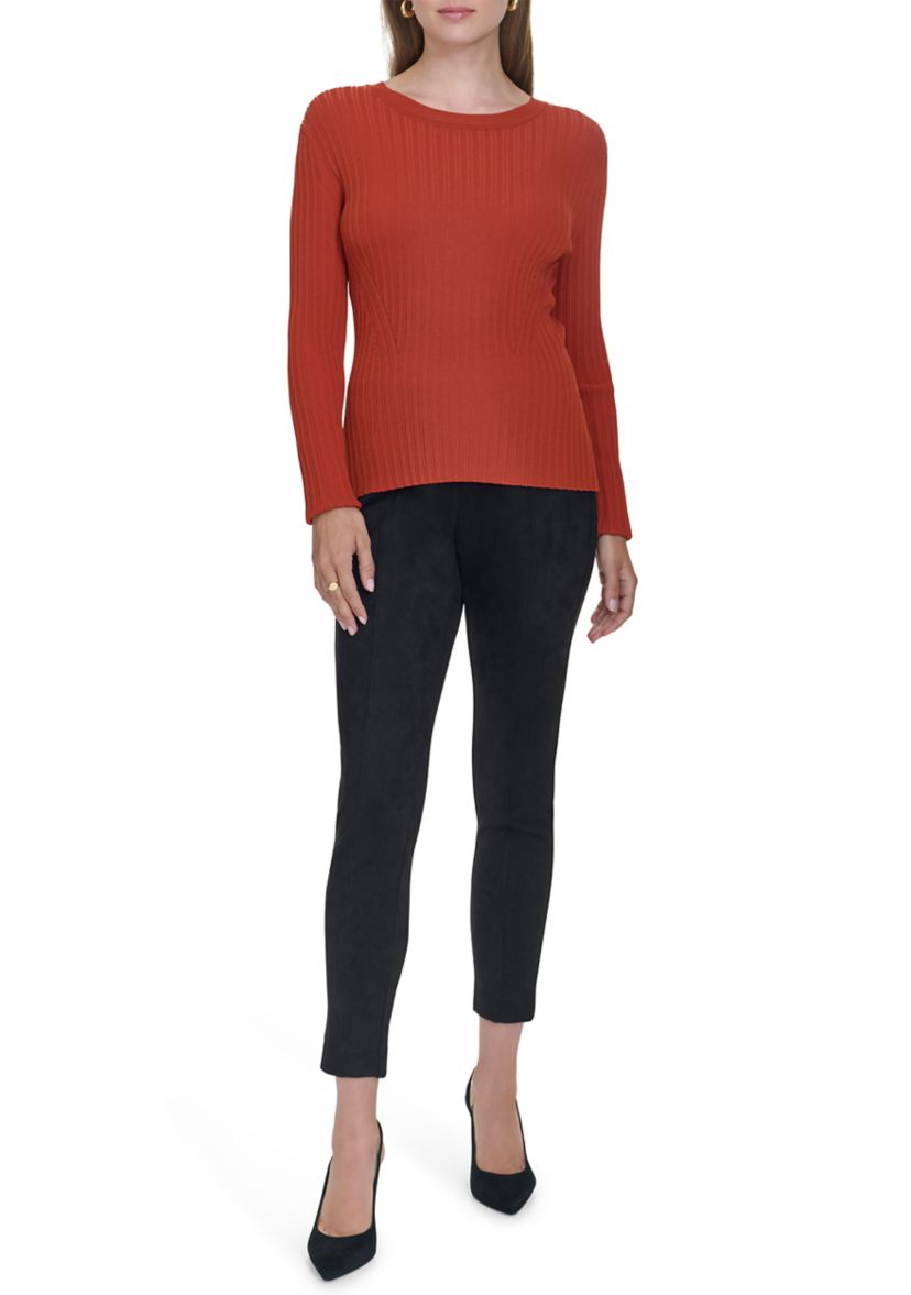 Womens Long Sleeve Crew Neck Ribbed Sweater 