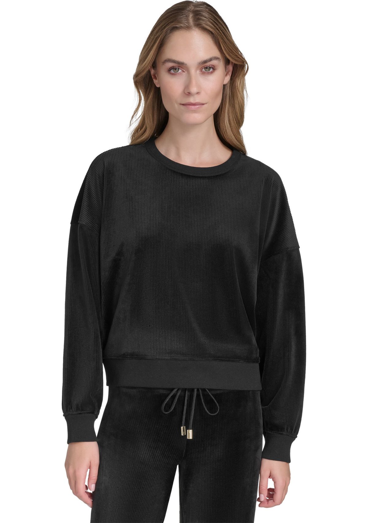 Womens Long Sleeve Pullover Rib Velour Crew Neck Sweatshirt