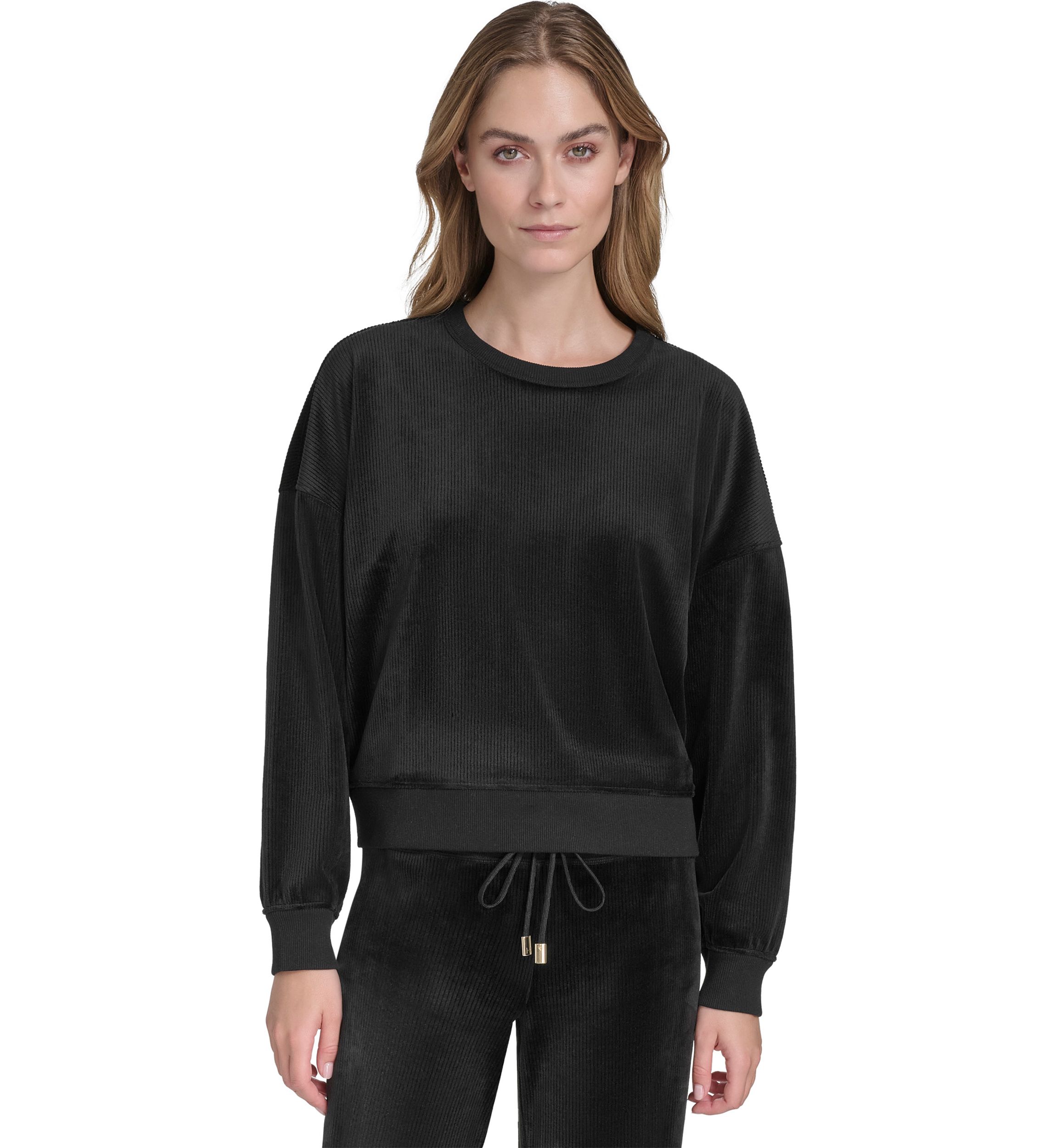 Womens Long Sleeve Pullover Rib Velour Crew Neck Sweatshirt