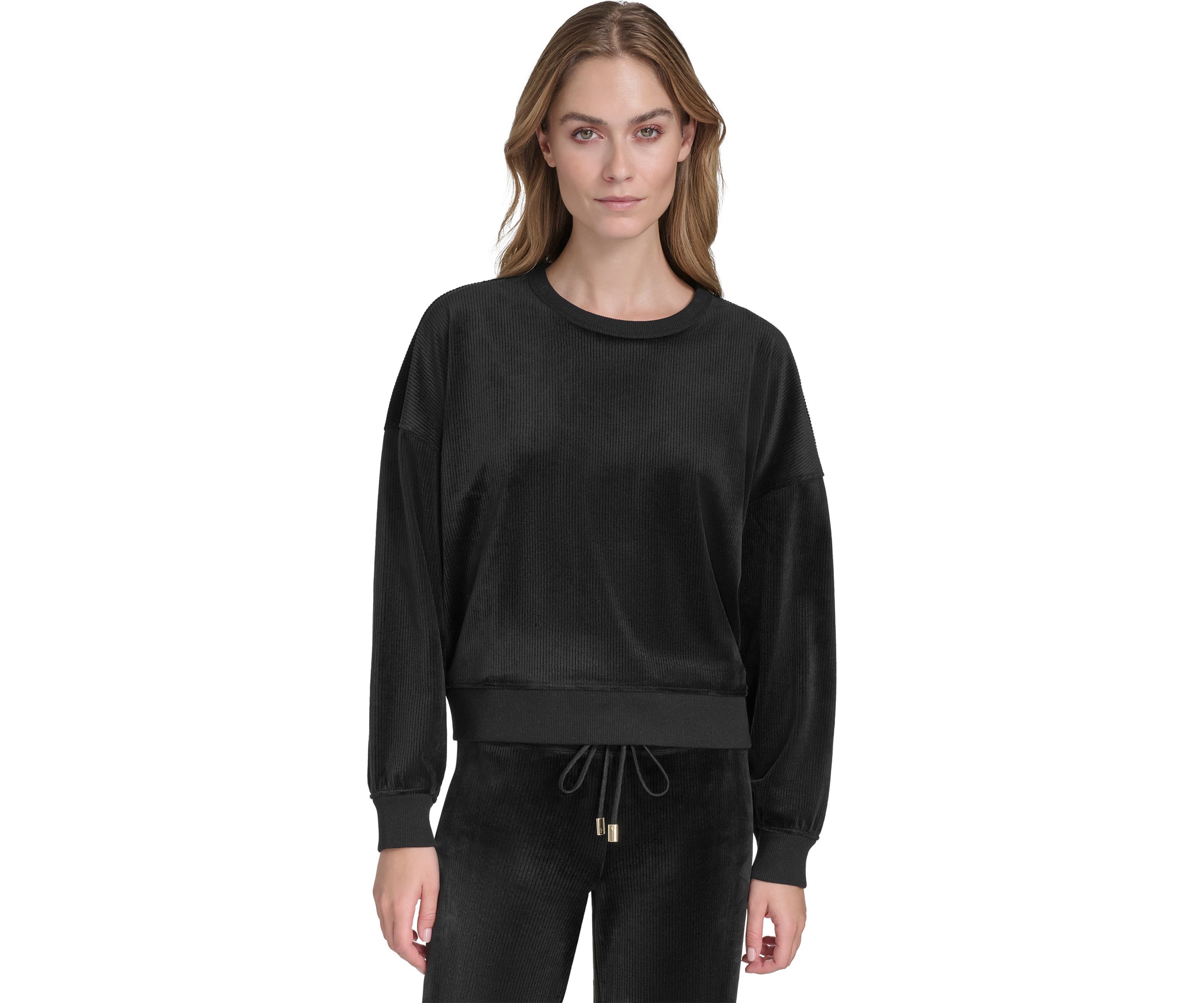Womens Long Sleeve Pullover Rib Velour Crew Neck Sweatshirt