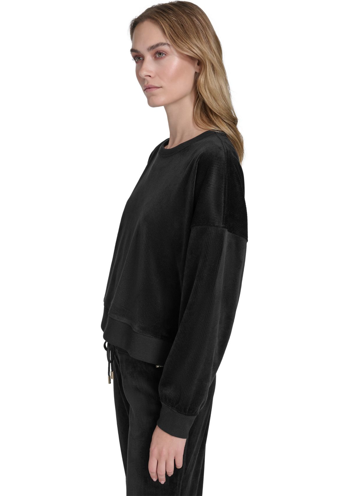 Womens Long Sleeve Pullover Rib Velour Crew Neck Sweatshirt