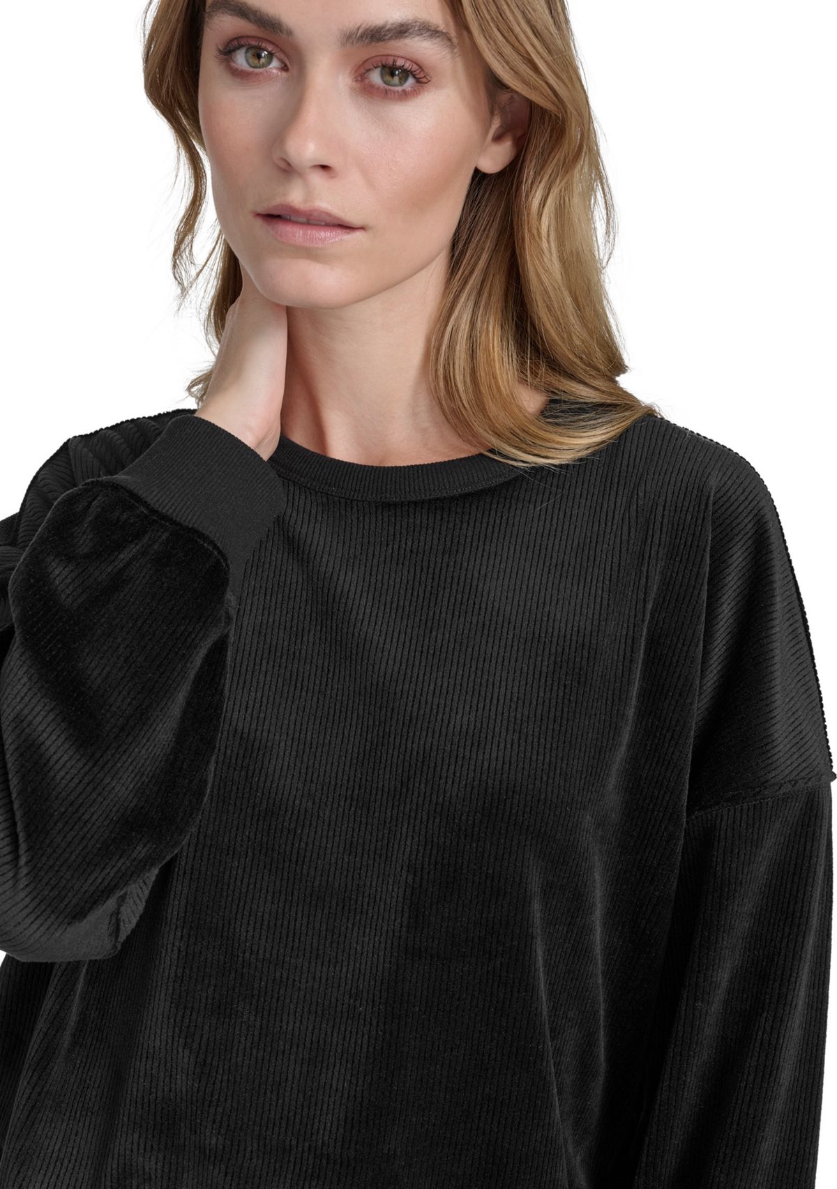 Womens Long Sleeve Pullover Rib Velour Crew Neck Sweatshirt