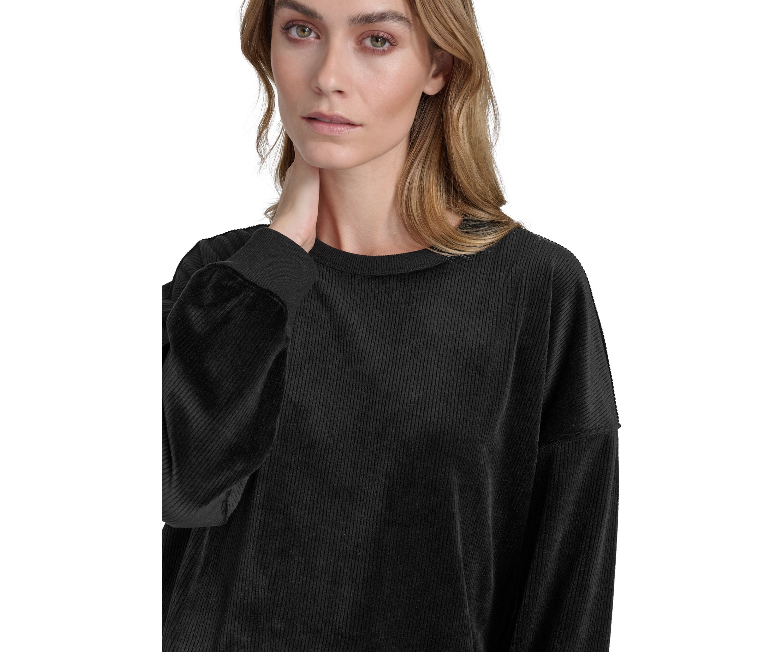 Womens Long Sleeve Pullover Rib Velour Crew Neck Sweatshirt