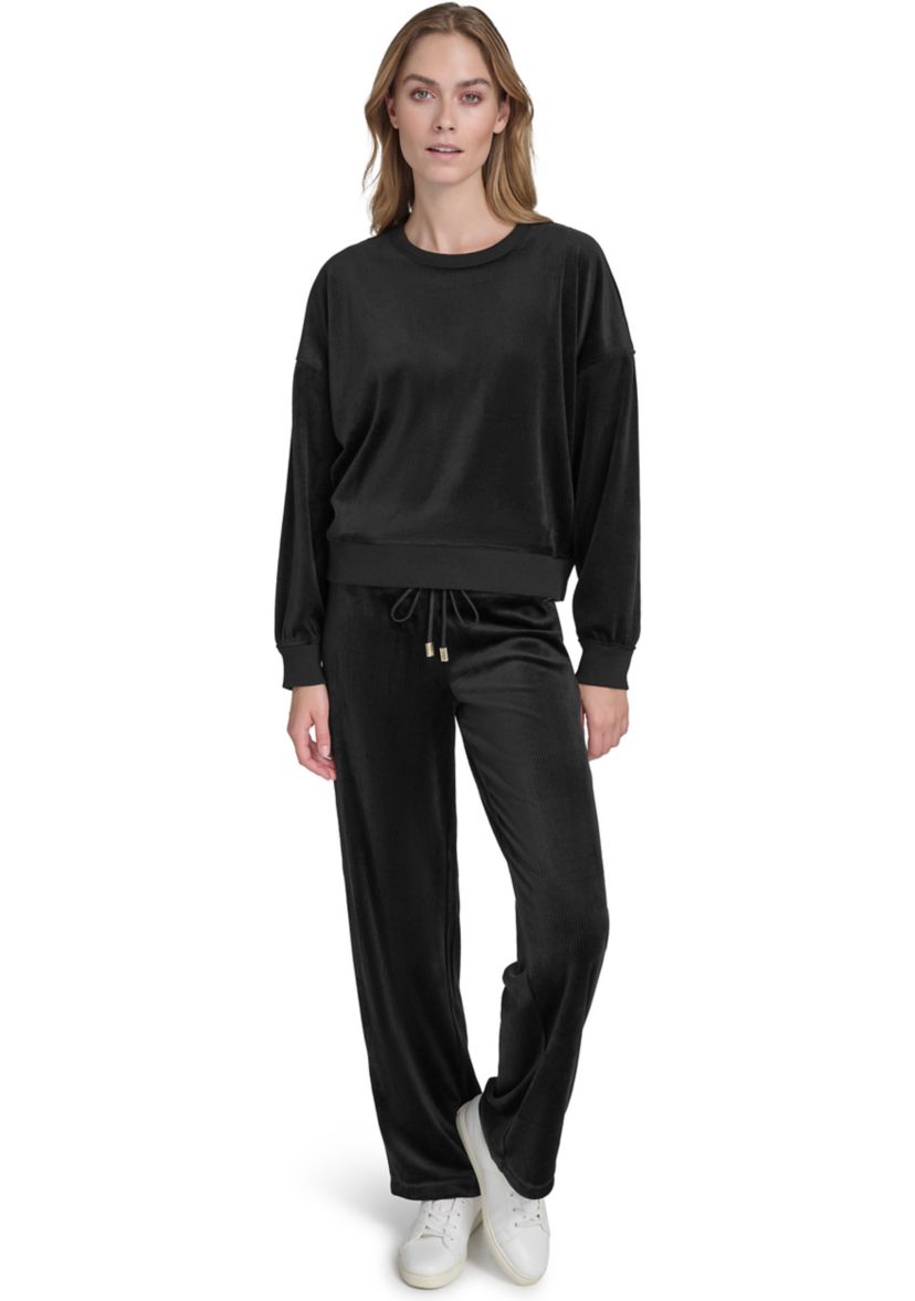 Womens Long Sleeve Pullover Rib Velour Crew Neck Sweatshirt